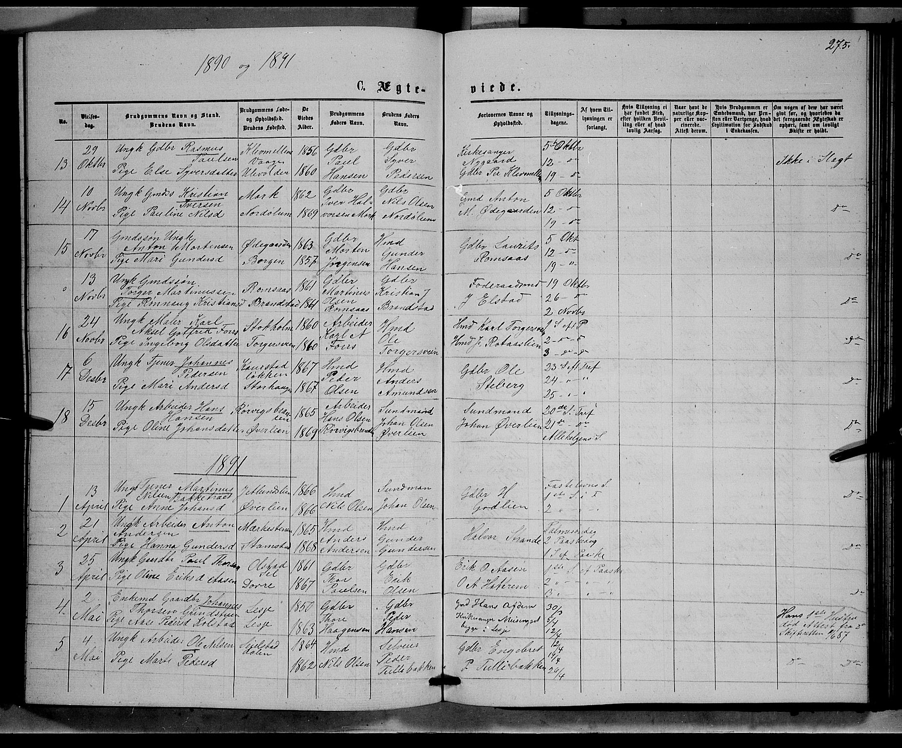 Ringebu prestekontor, SAH/PREST-082/H/Ha/Hab/L0006: Parish register (copy) no. 6, 1880-1898, p. 275