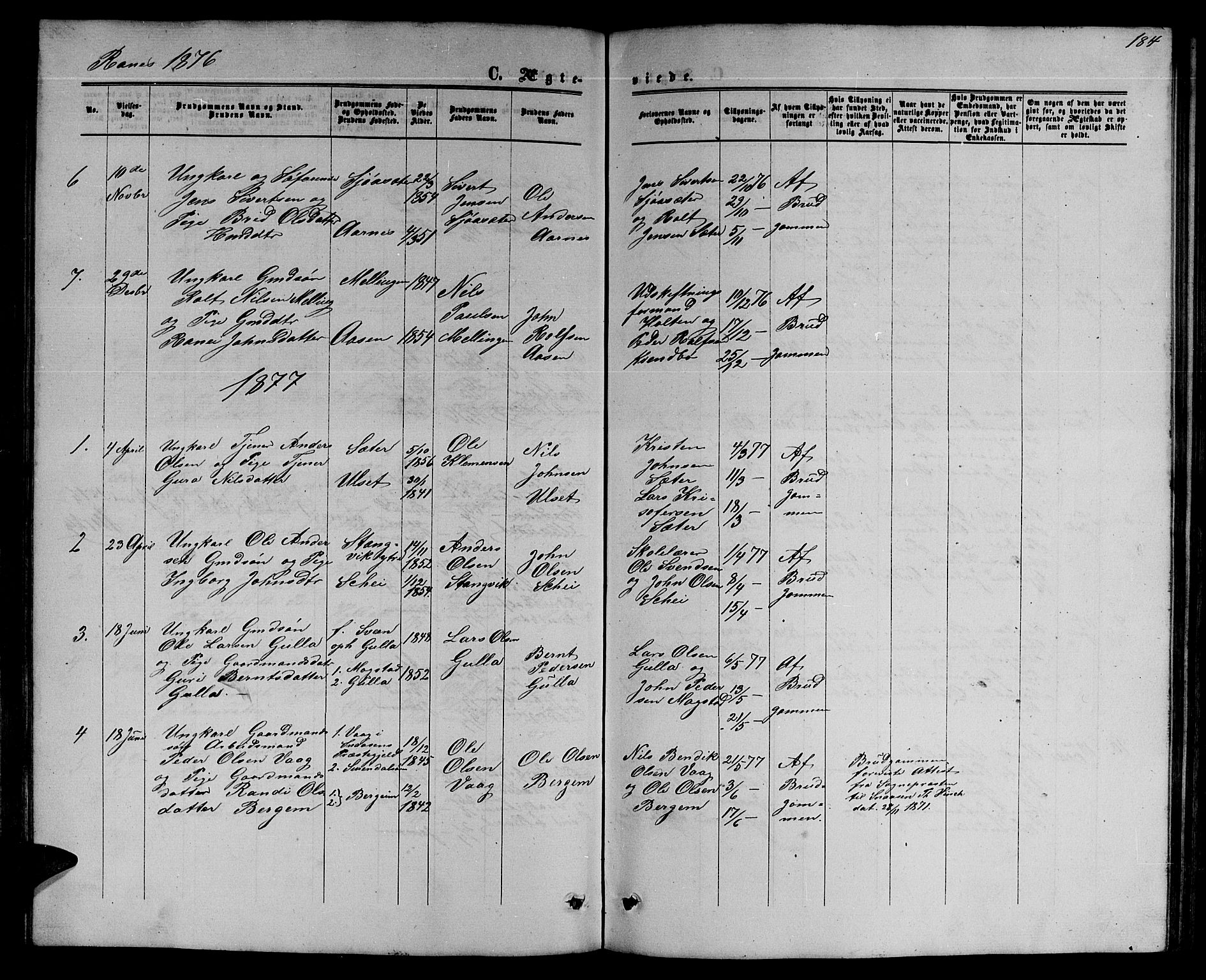 Ministerialprotokoller, klokkerbøker og fødselsregistre - Møre og Romsdal, SAT/A-1454/595/L1051: Parish register (copy) no. 595C03, 1866-1891, p. 184