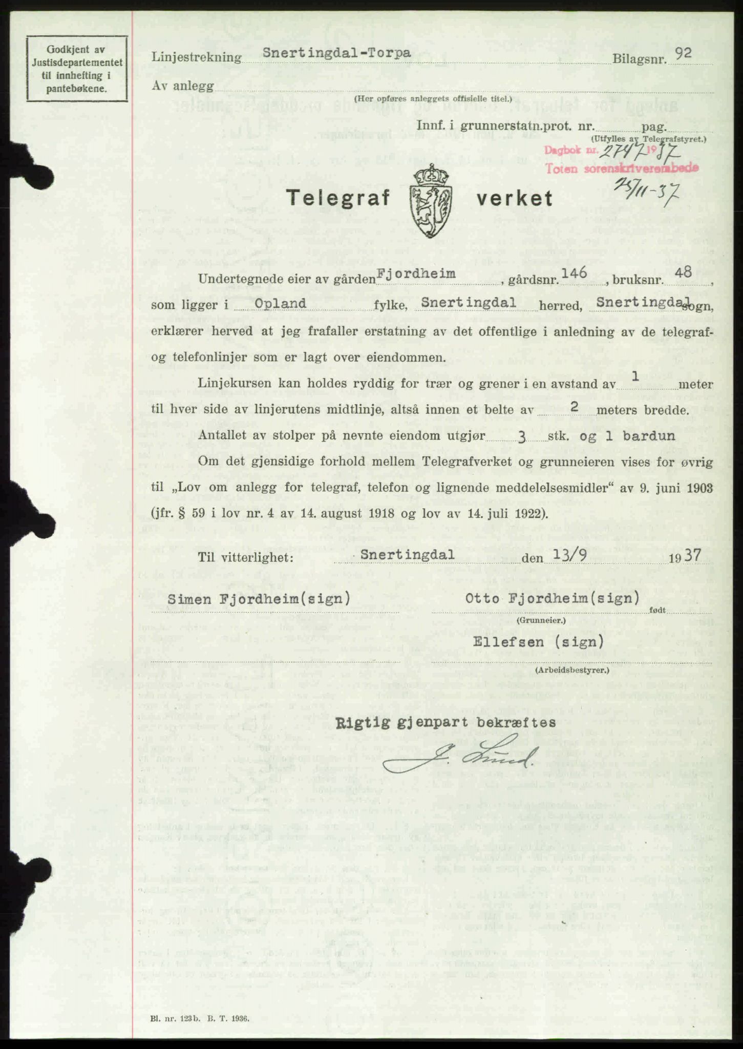 Toten tingrett, SAH/TING-006/H/Hb/Hbc/L0003: Mortgage book no. Hbc-03, 1937-1938, Diary no: : 2747/1937