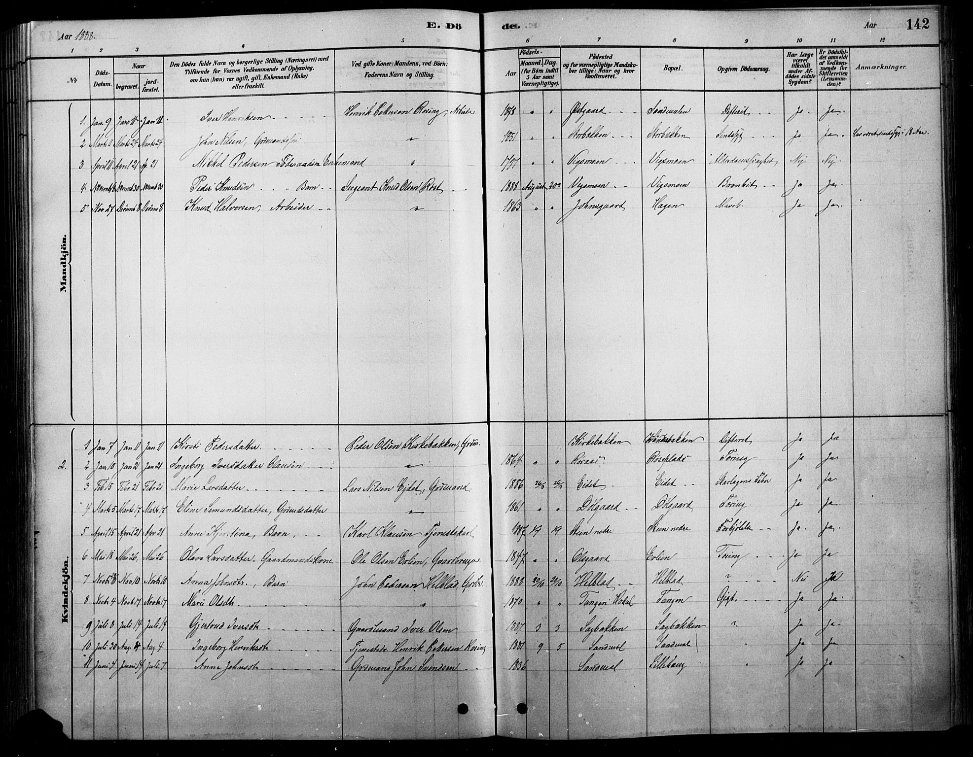 Tolga prestekontor, SAH/PREST-062/L/L0007: Parish register (copy) no. 7, 1878-1919, p. 142