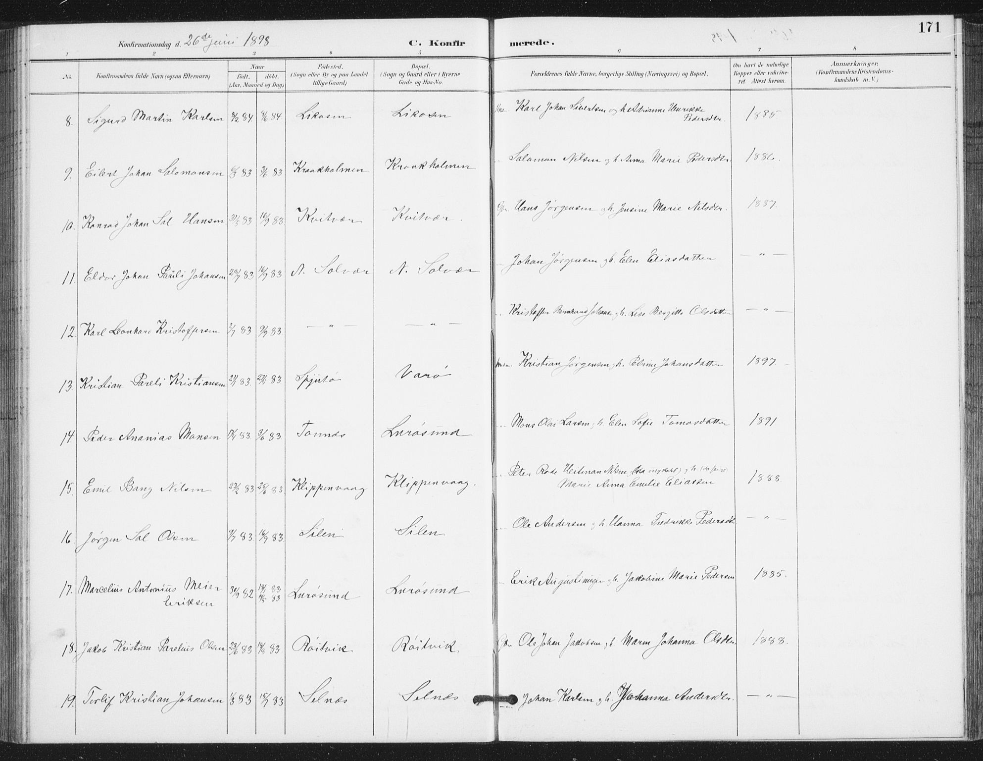 Ministerialprotokoller, klokkerbøker og fødselsregistre - Nordland, AV/SAT-A-1459/839/L0573: Parish register (copy) no. 839C03, 1892-1917, p. 171