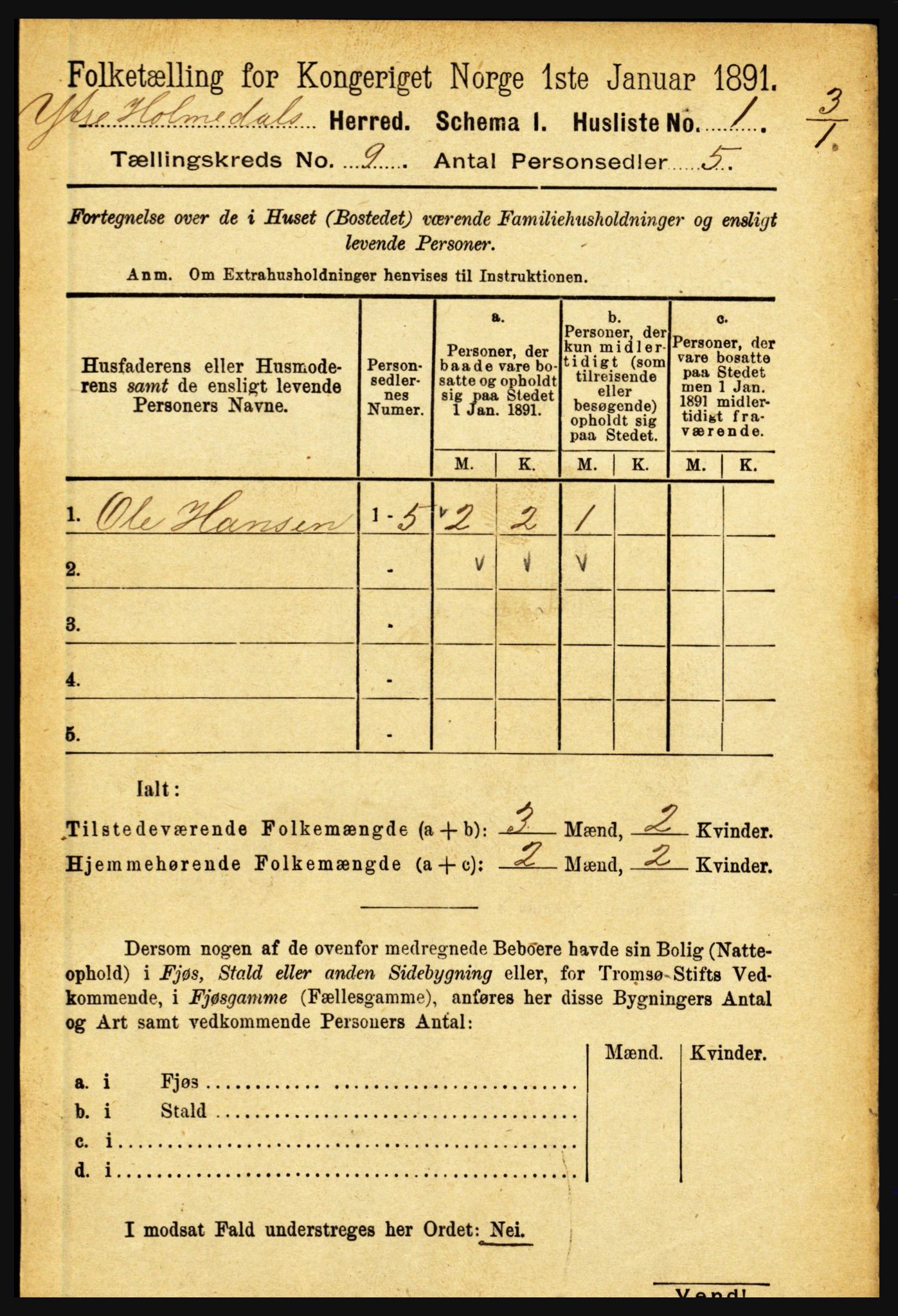 RA, 1891 census for 1429 Ytre Holmedal, 1891, p. 2009