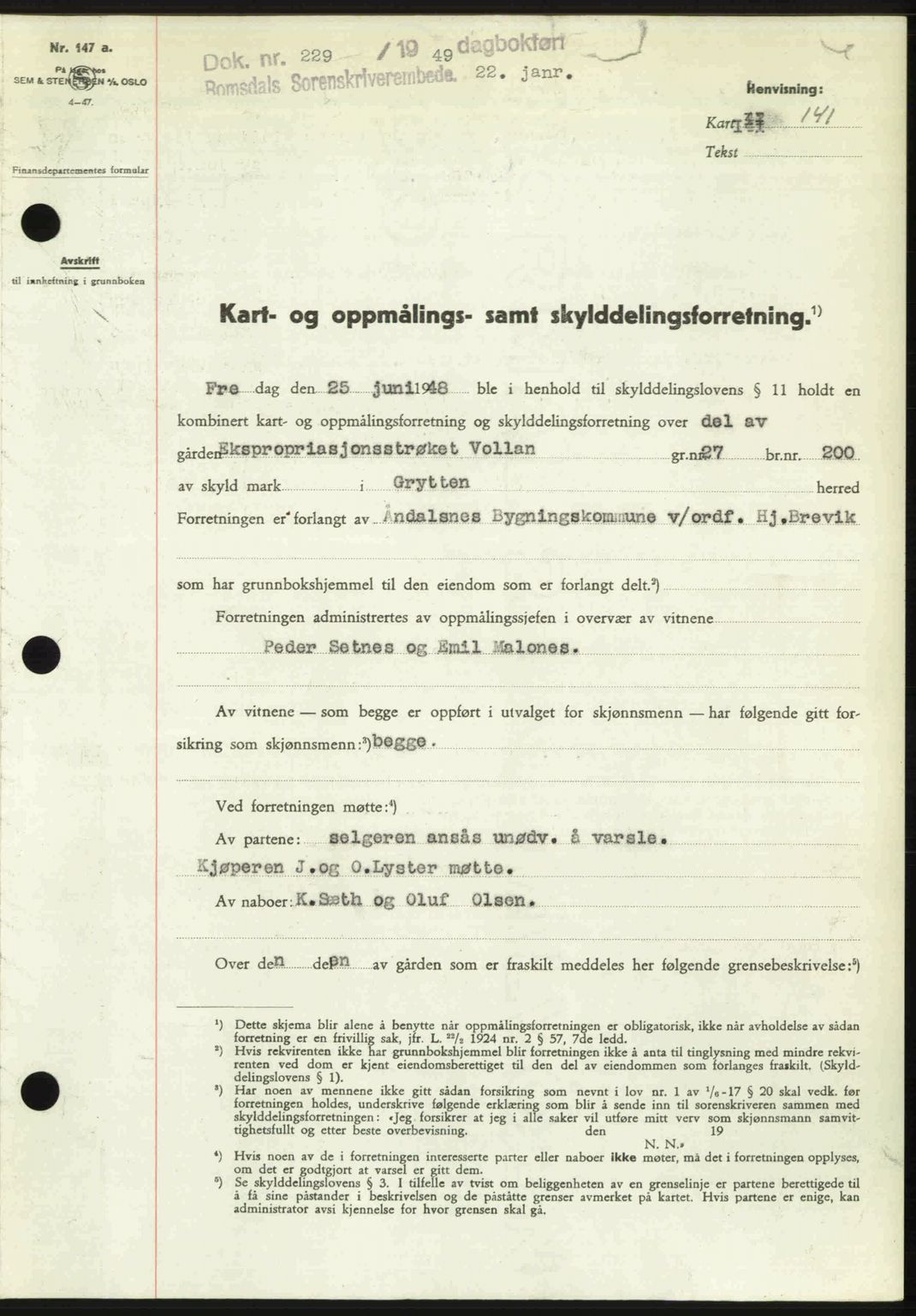 Romsdal sorenskriveri, AV/SAT-A-4149/1/2/2C: Mortgage book no. A28, 1948-1949, Diary no: : 229/1949