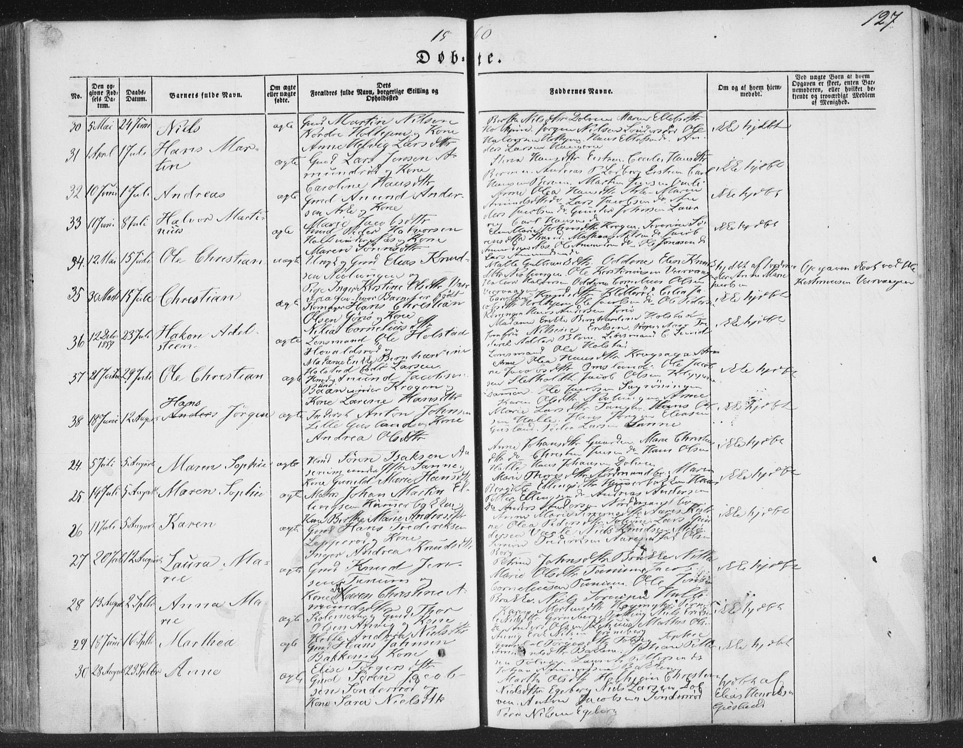 Brunlanes kirkebøker, AV/SAKO-A-342/F/Fa/L0004: Parish register (official) no. I 4, 1846-1862, p. 127