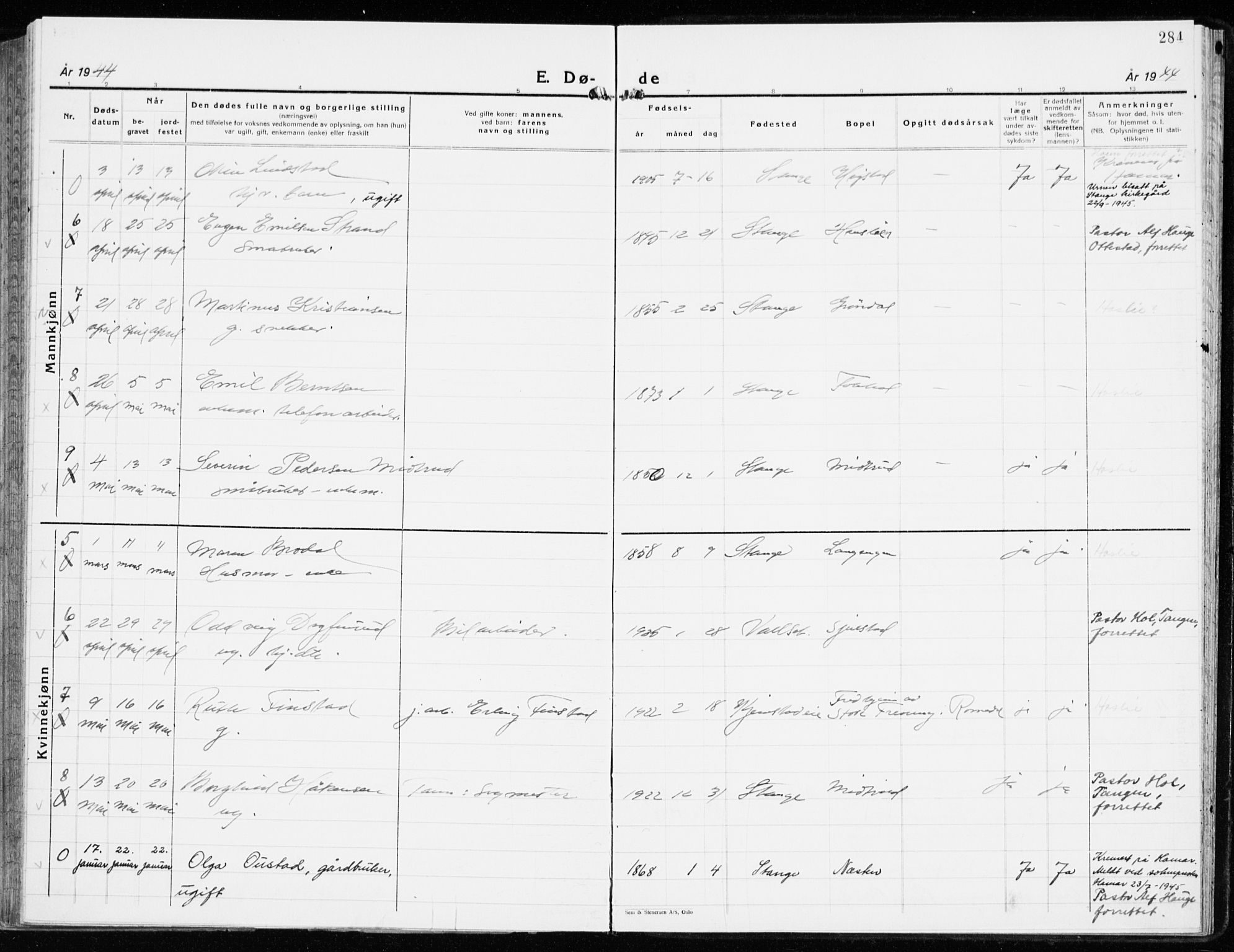 Stange prestekontor, AV/SAH-PREST-002/K/L0027: Parish register (official) no. 27, 1937-1947, p. 284