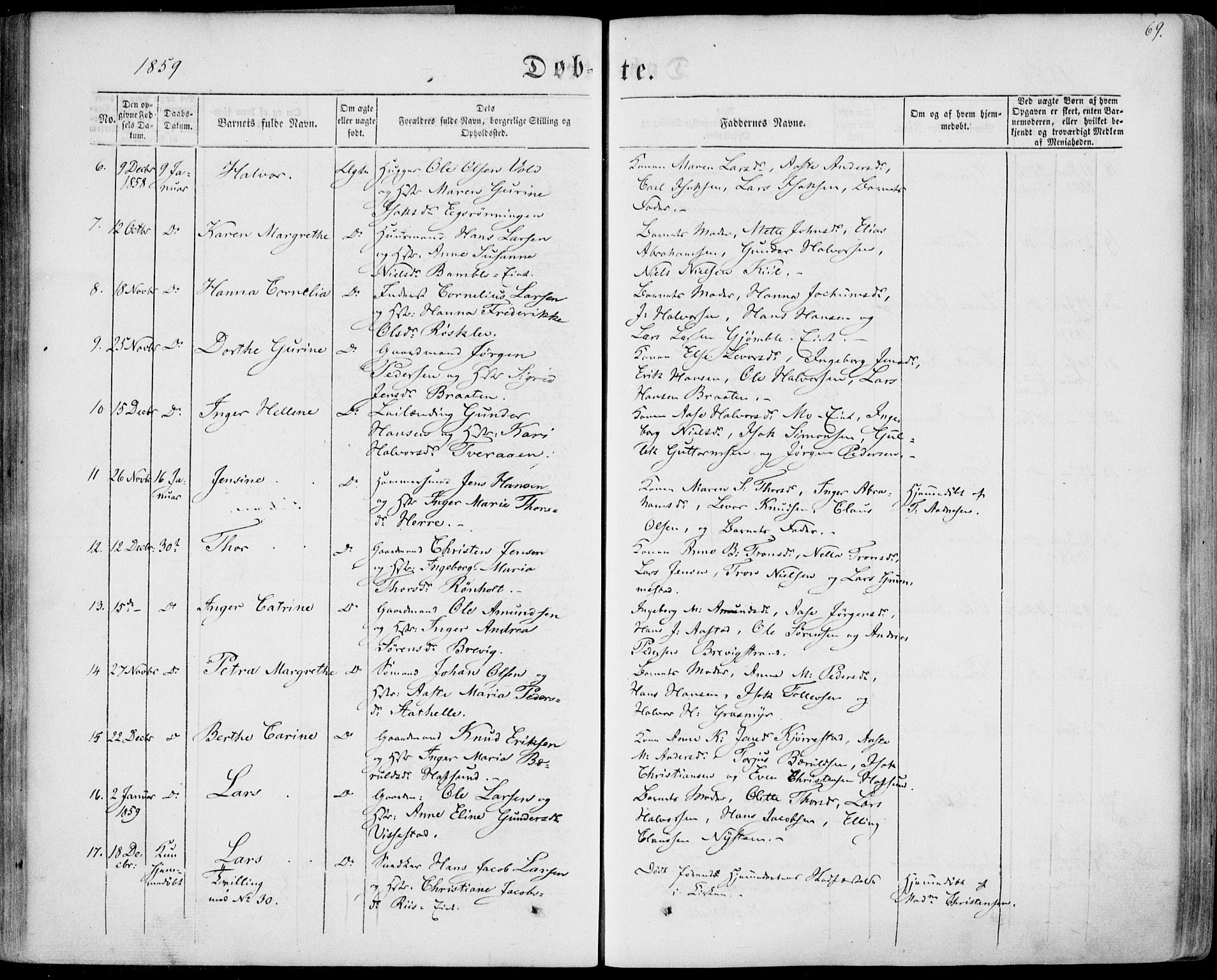 Bamble kirkebøker, SAKO/A-253/F/Fa/L0005: Parish register (official) no. I 5, 1854-1869, p. 69