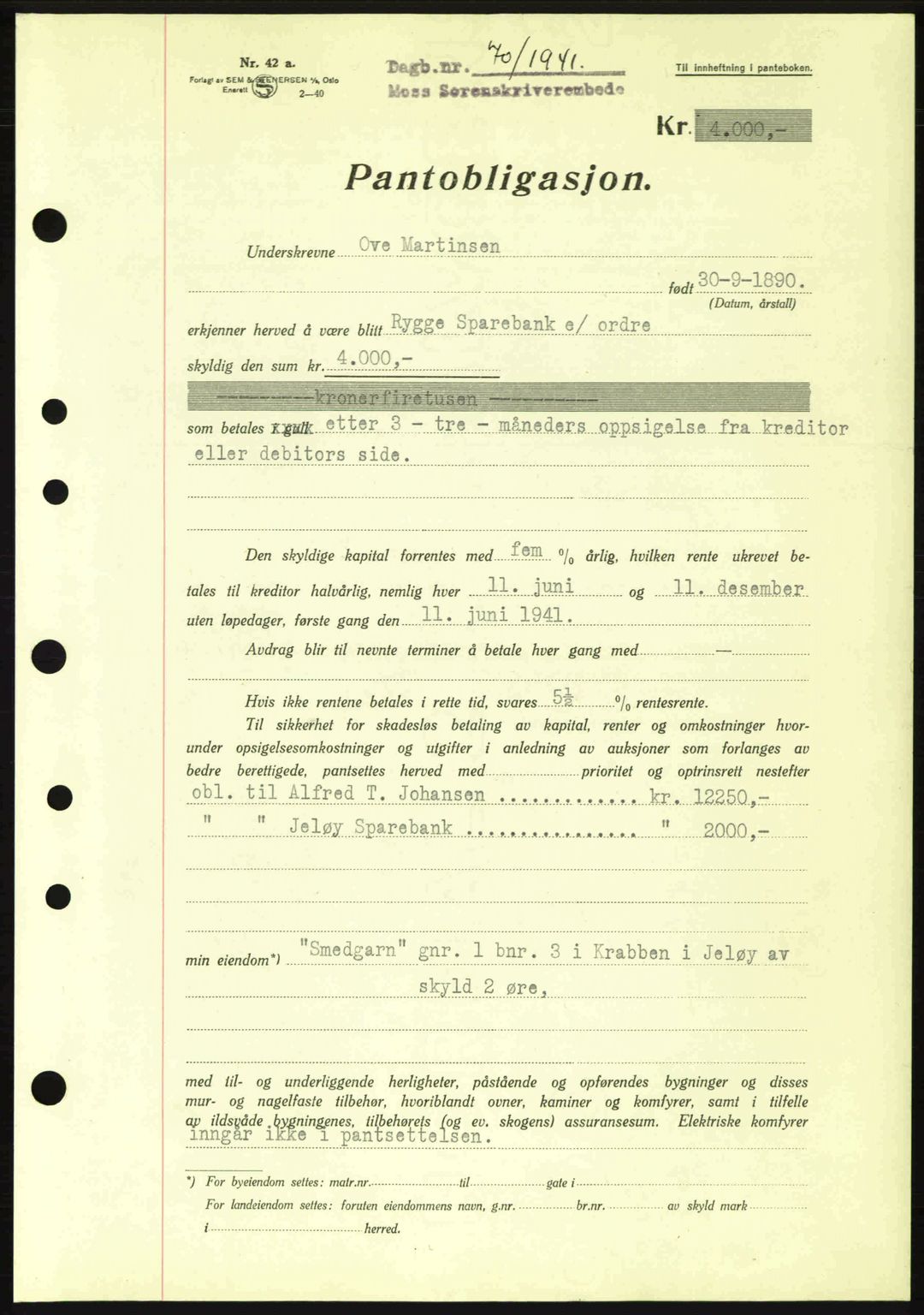 Moss sorenskriveri, SAO/A-10168: Mortgage book no. B10, 1940-1941, Diary no: : 70/1941