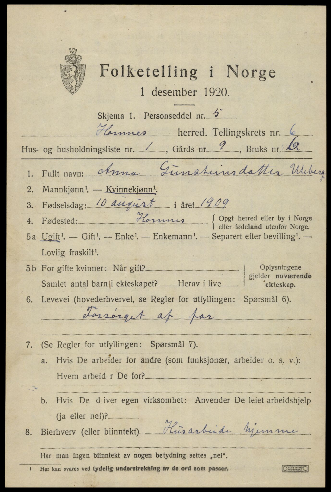SAK, 1920 census for Hornnes, 1920, p. 1565