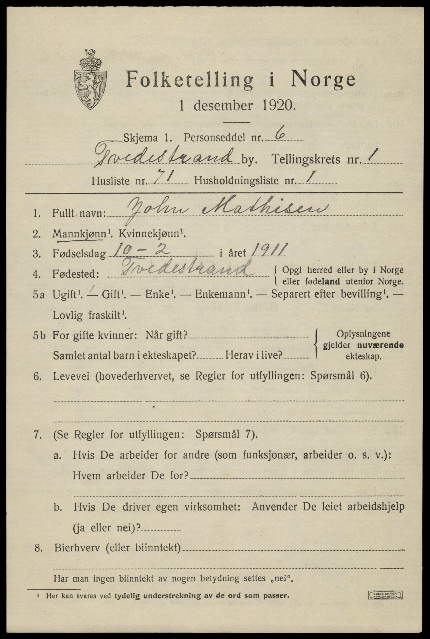 SAK, 1920 census for Tvedestrand, 1920, p. 2125