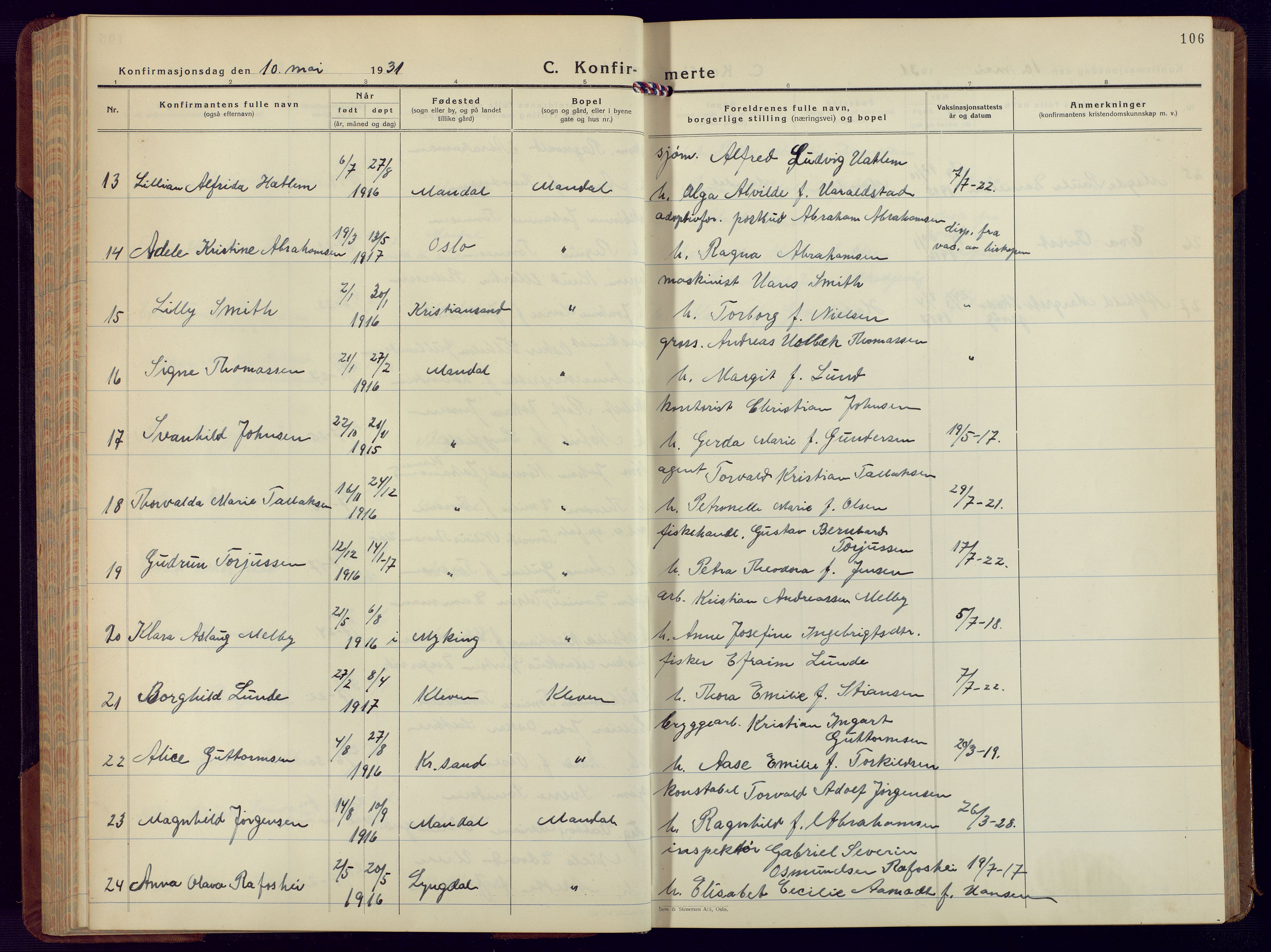 Mandal sokneprestkontor, SAK/1111-0030/F/Fb/Fbc/L0002: Parish register (copy) no. B 2, 1931-1949, p. 106