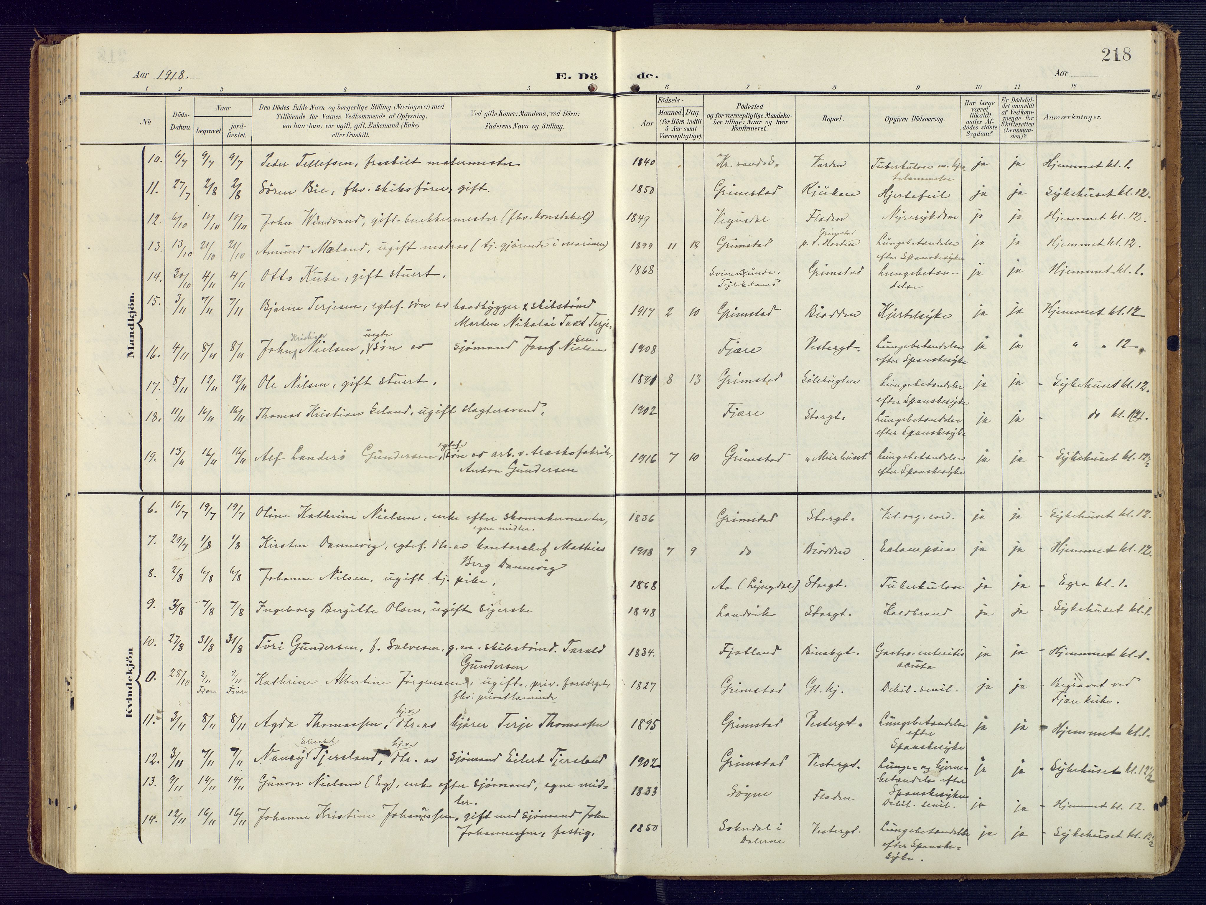 Grimstad sokneprestkontor, SAK/1111-0017/F/Fa/L0005: Parish register (official) no. A 4, 1911-1924, p. 218