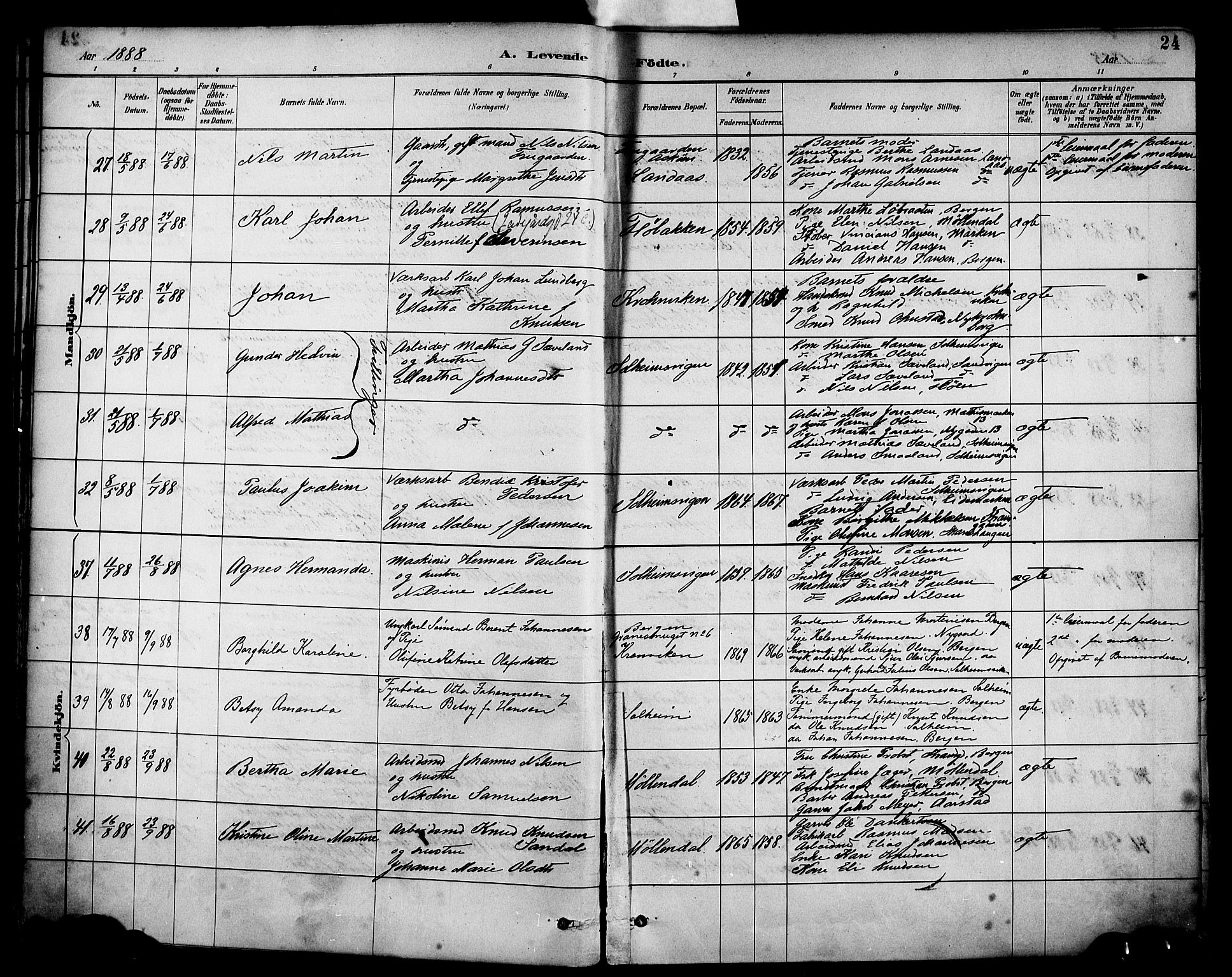 Årstad Sokneprestembete, AV/SAB-A-79301/H/Haa/L0001: Parish register (official) no. A 1, 1886-1901, p. 24