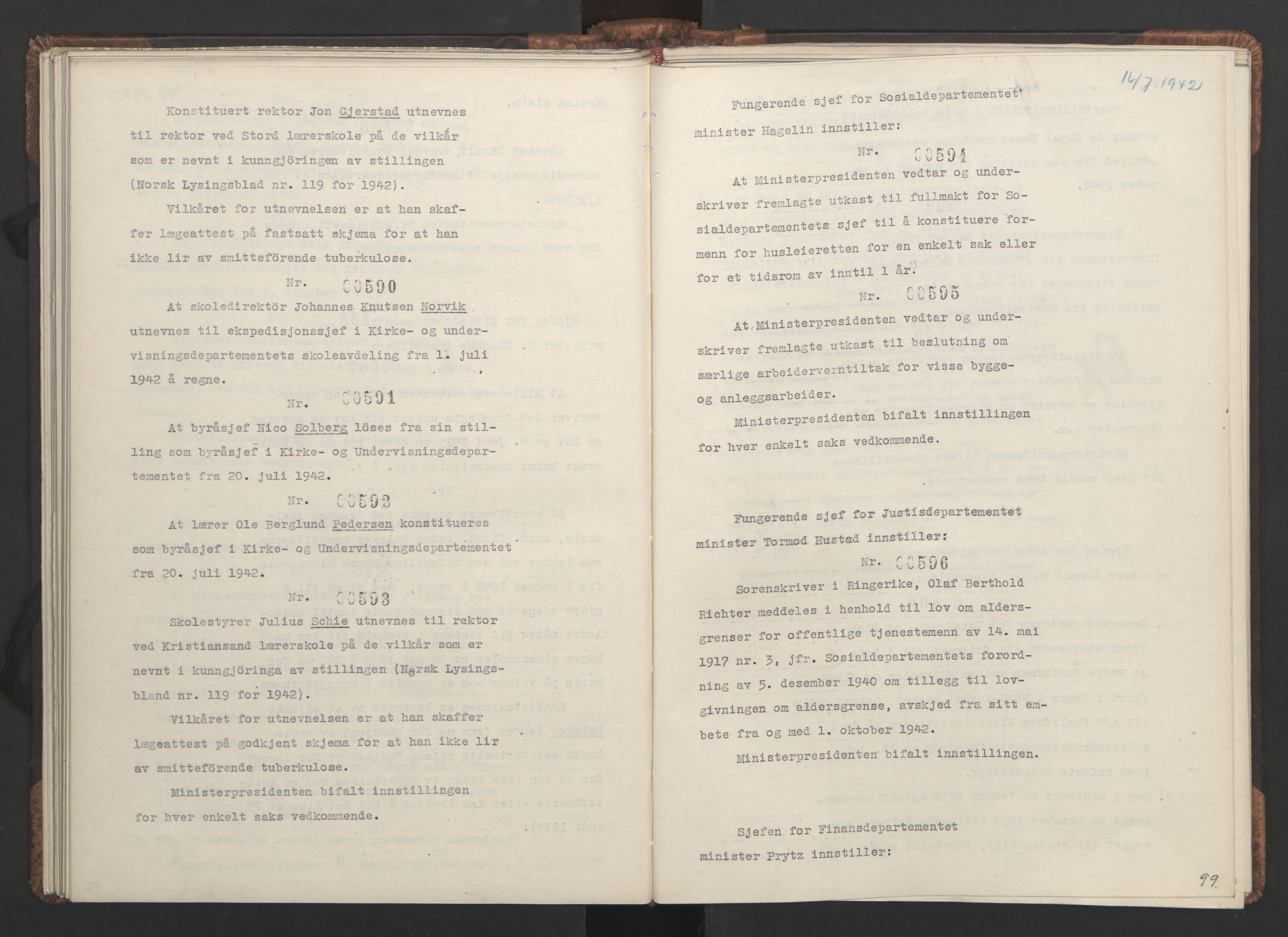 NS-administrasjonen 1940-1945 (Statsrådsekretariatet, de kommisariske statsråder mm), RA/S-4279/D/Da/L0001: Beslutninger og tillegg (1-952 og 1-32), 1942, p. 102