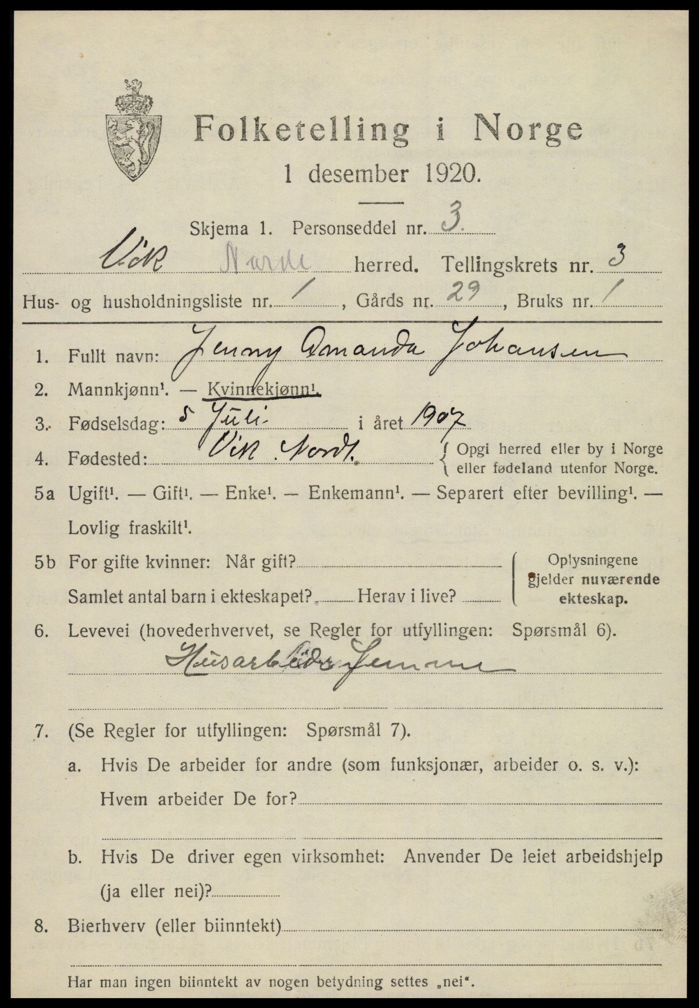 SAT, 1920 census for Vik, 1920, p. 1449