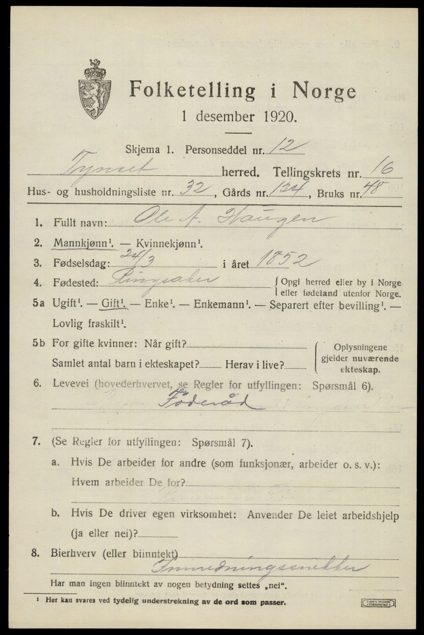 SAH, 1920 census for Tynset, 1920, p. 10040
