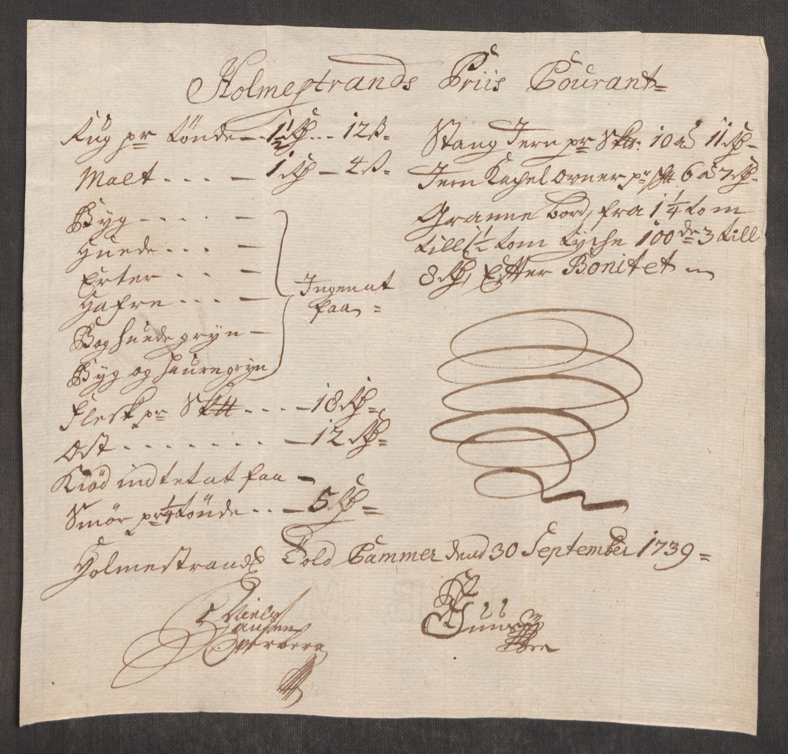 Rentekammeret inntil 1814, Realistisk ordnet avdeling, AV/RA-EA-4070/Oe/L0001: [Ø1]: Priskuranter, 1712-1739, p. 957