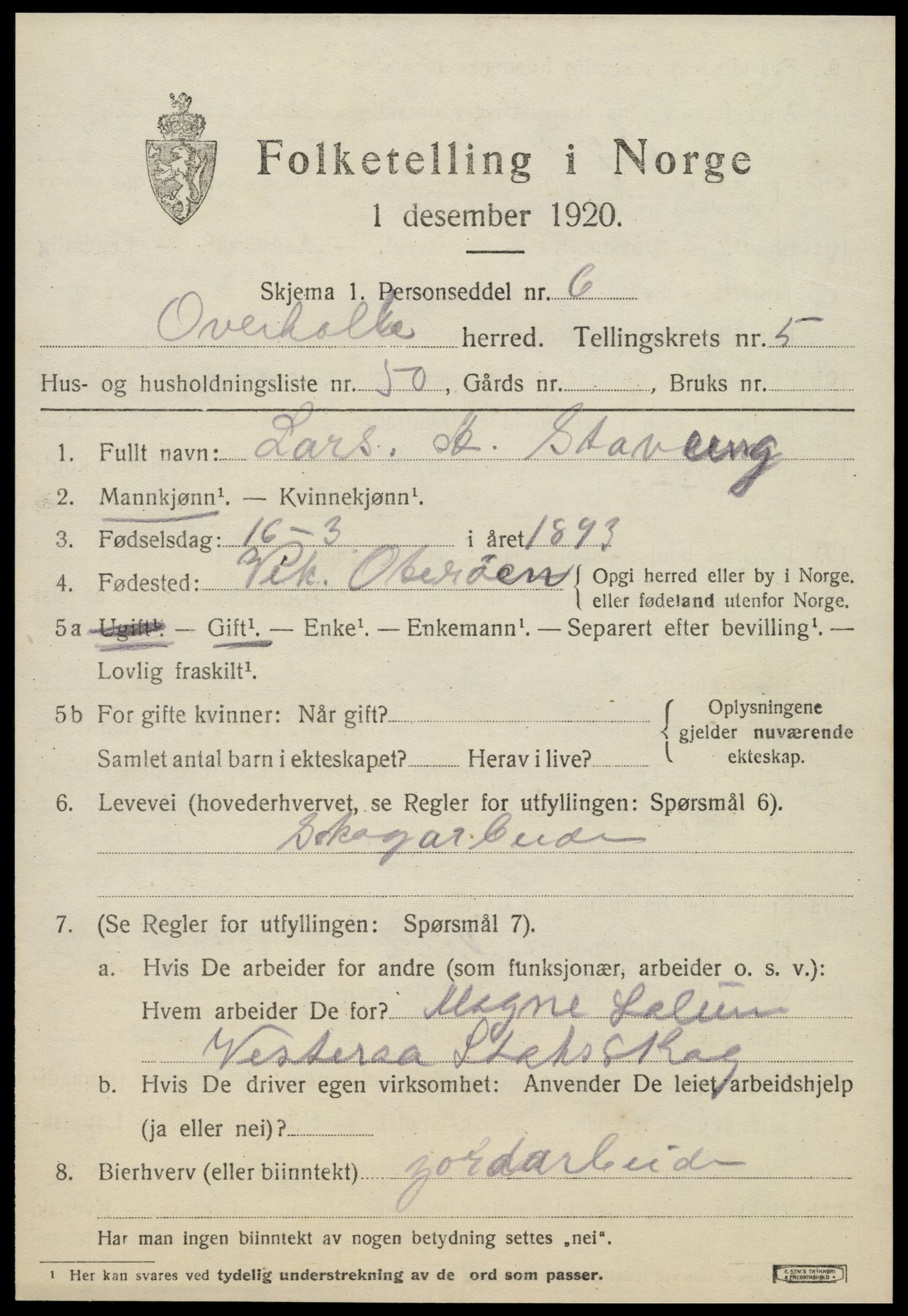 SAT, 1920 census for Overhalla, 1920, p. 4284