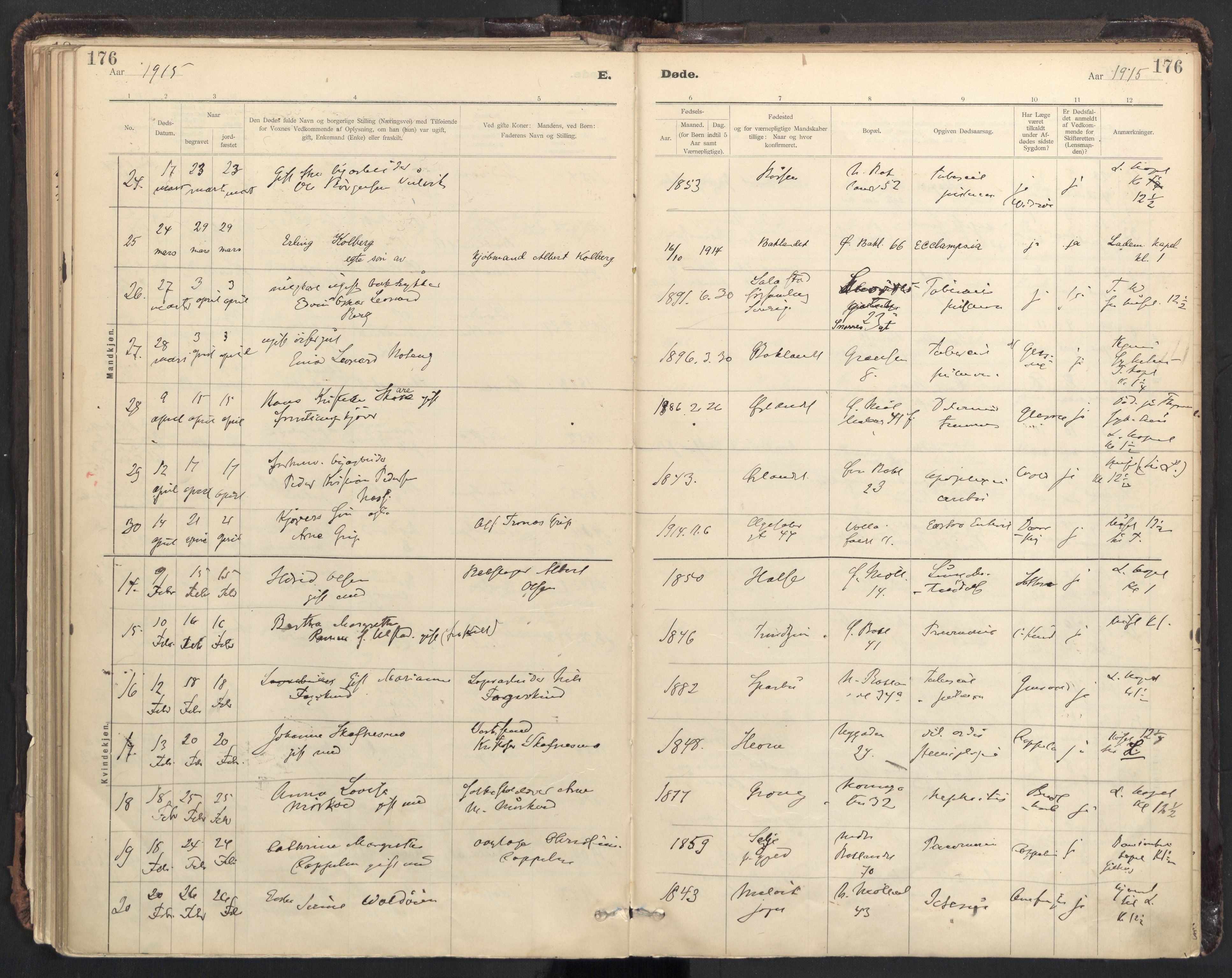 Ministerialprotokoller, klokkerbøker og fødselsregistre - Sør-Trøndelag, SAT/A-1456/604/L0204: Parish register (official) no. 604A24, 1911-1920, p. 176