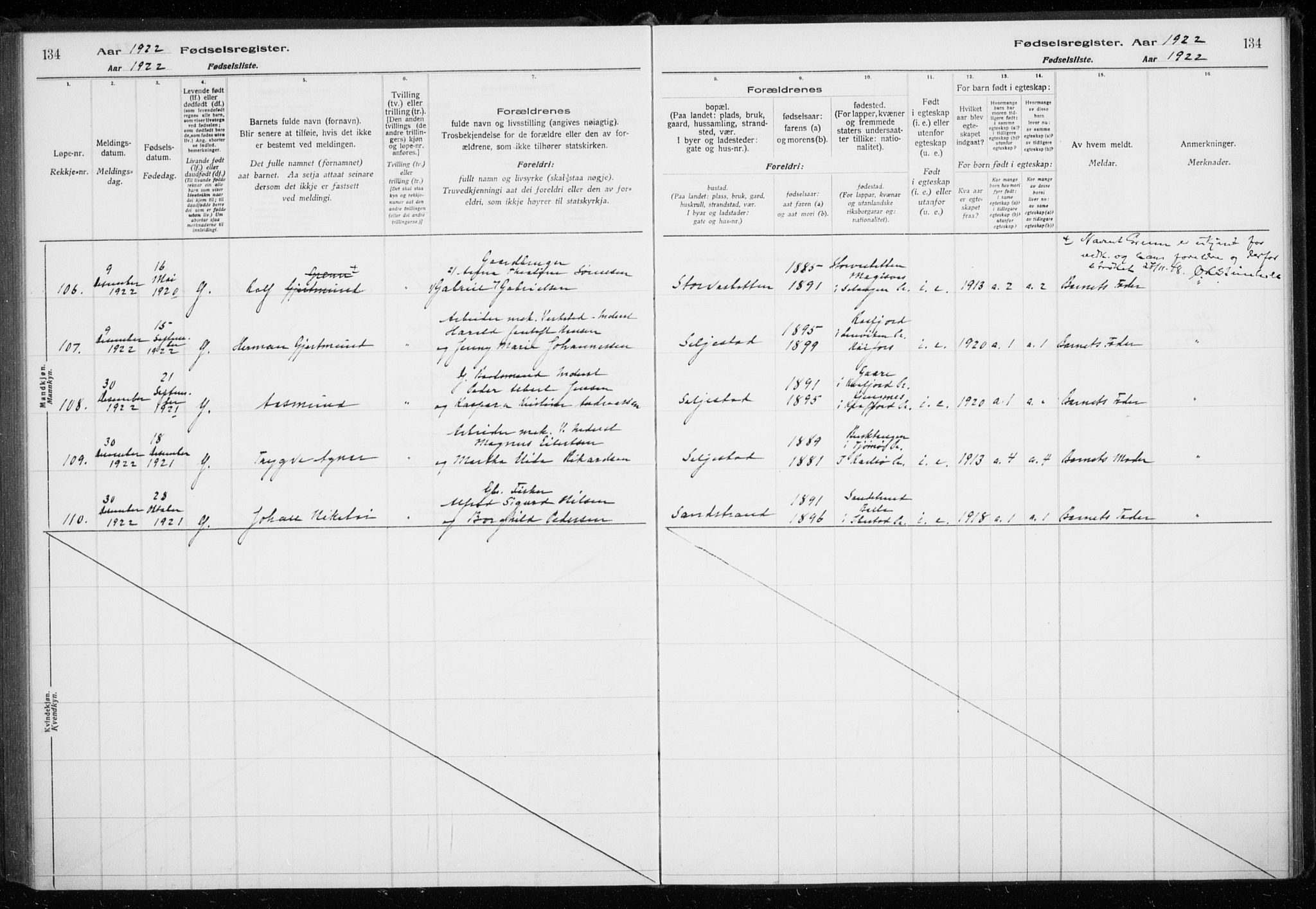 Trondenes sokneprestkontor, AV/SATØ-S-1319/I/Ia/L0089: Birth register no. 89, 1916-1925, p. 134