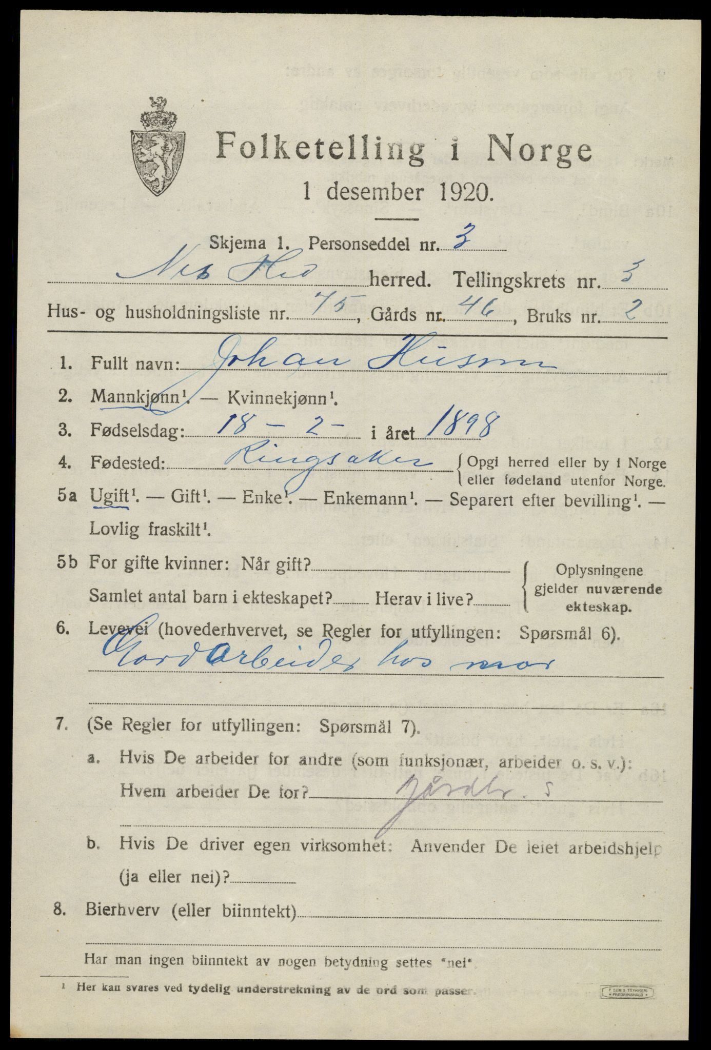 SAH, 1920 census for Nes (Hedmark), 1920, p. 5414