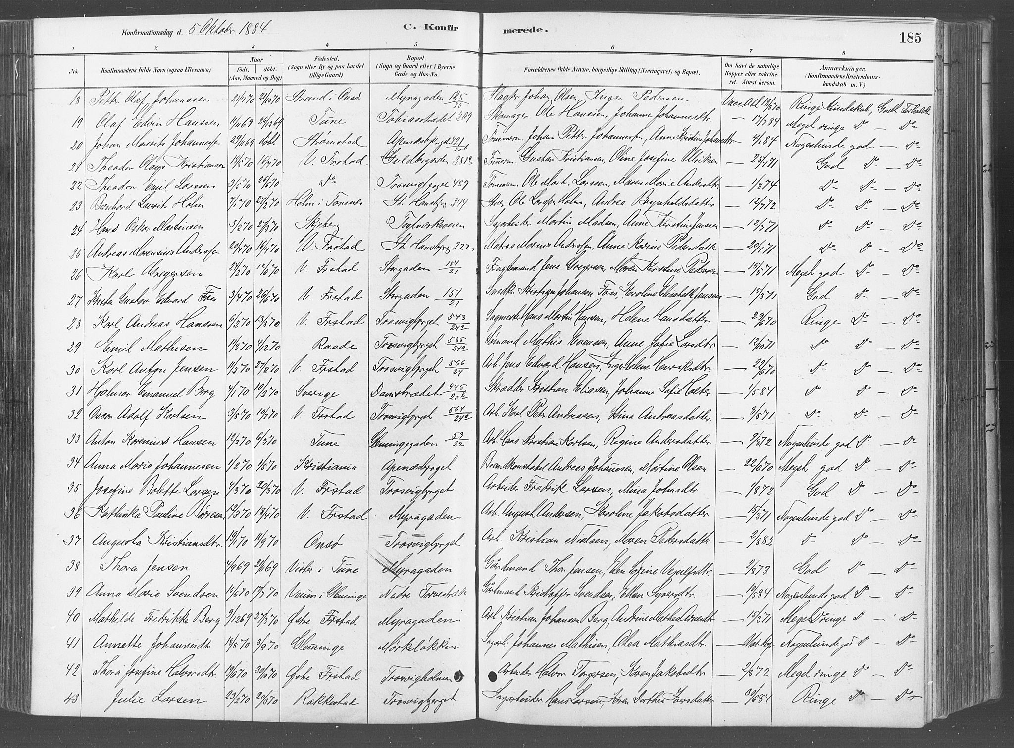 Fredrikstad domkirkes prestekontor Kirkebøker, SAO/A-10906/G/Ga/L0003: Parish register (copy) no. 3, 1880-1900, p. 185