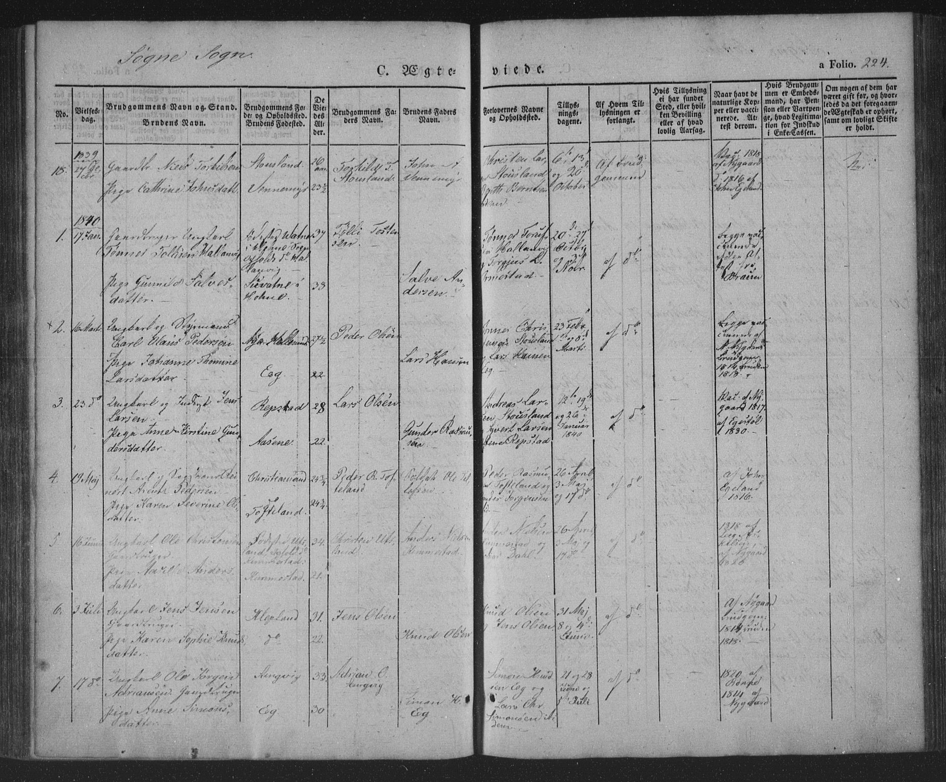 Søgne sokneprestkontor, SAK/1111-0037/F/Fa/Fab/L0009: Parish register (official) no. A 9, 1838-1853, p. 224