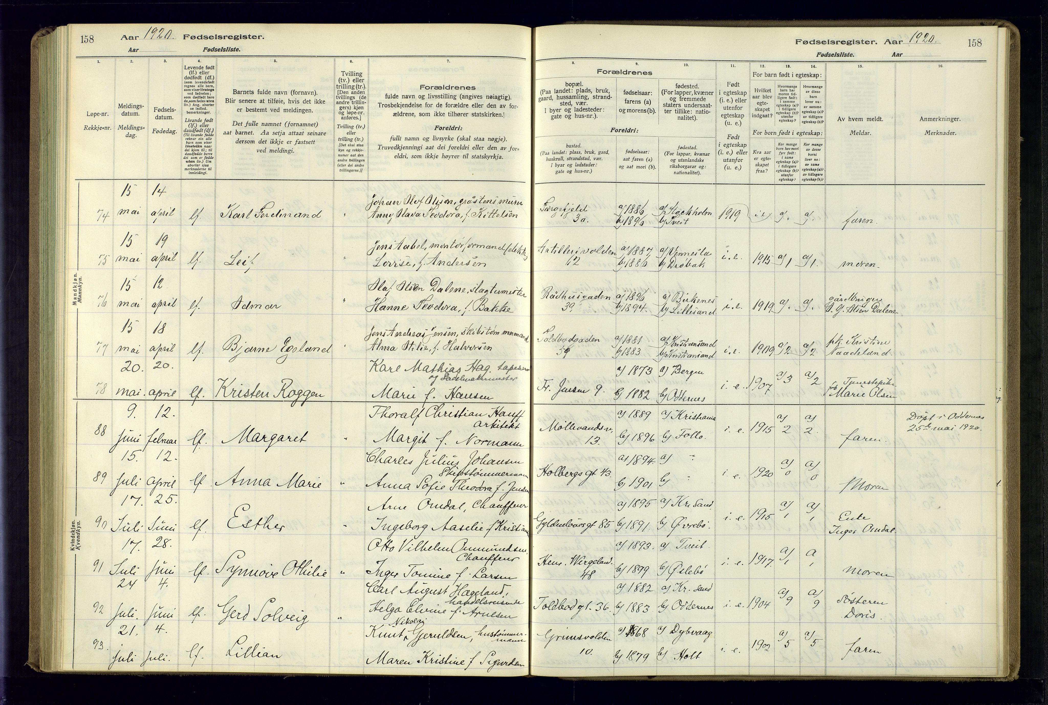 Kristiansand domprosti, AV/SAK-1112-0006/J/Jc/L0001: Birth register no. A-VI-45, 1916-1921, p. 158