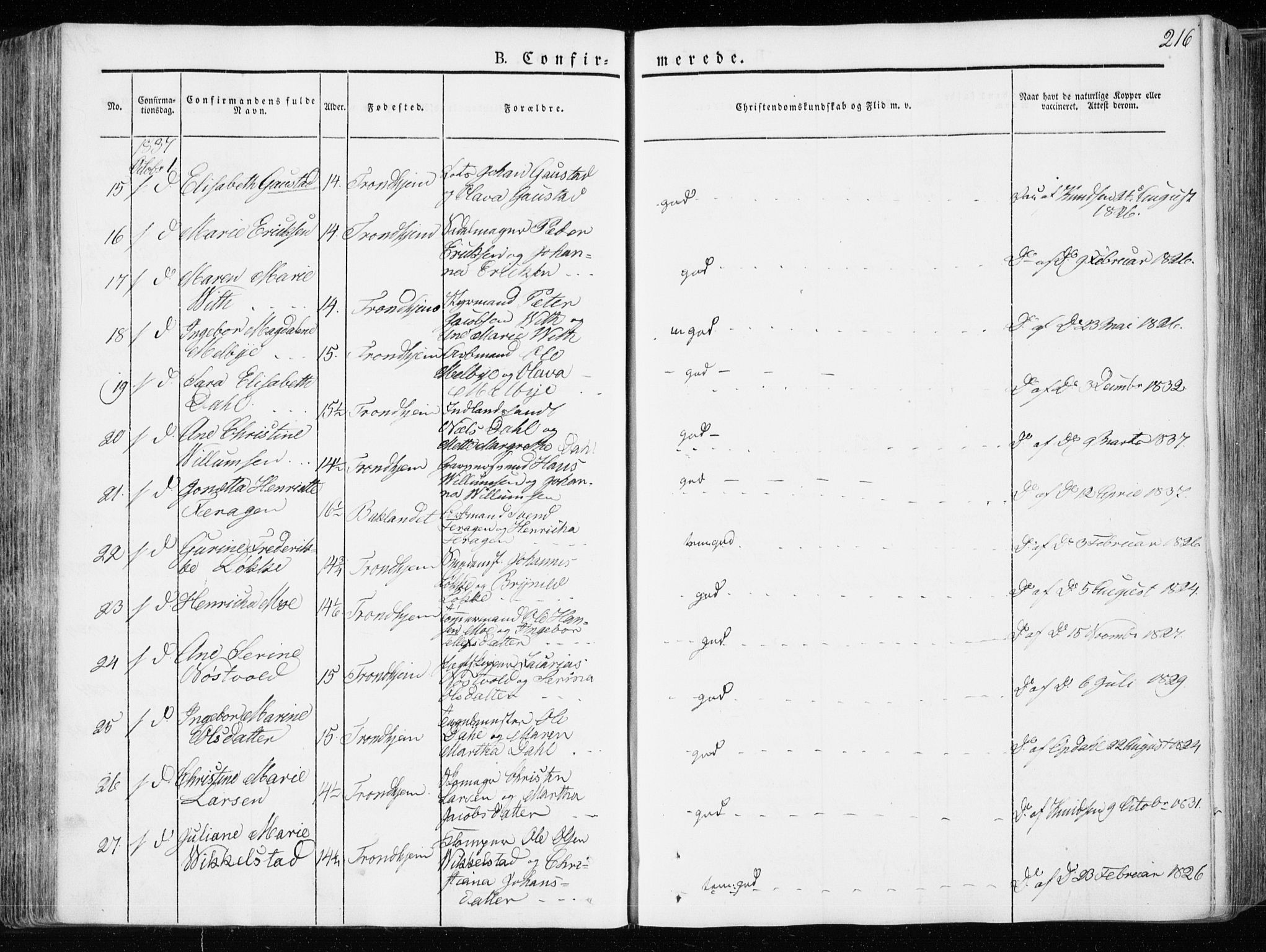 Ministerialprotokoller, klokkerbøker og fødselsregistre - Sør-Trøndelag, SAT/A-1456/601/L0047: Parish register (official) no. 601A15, 1831-1839, p. 216