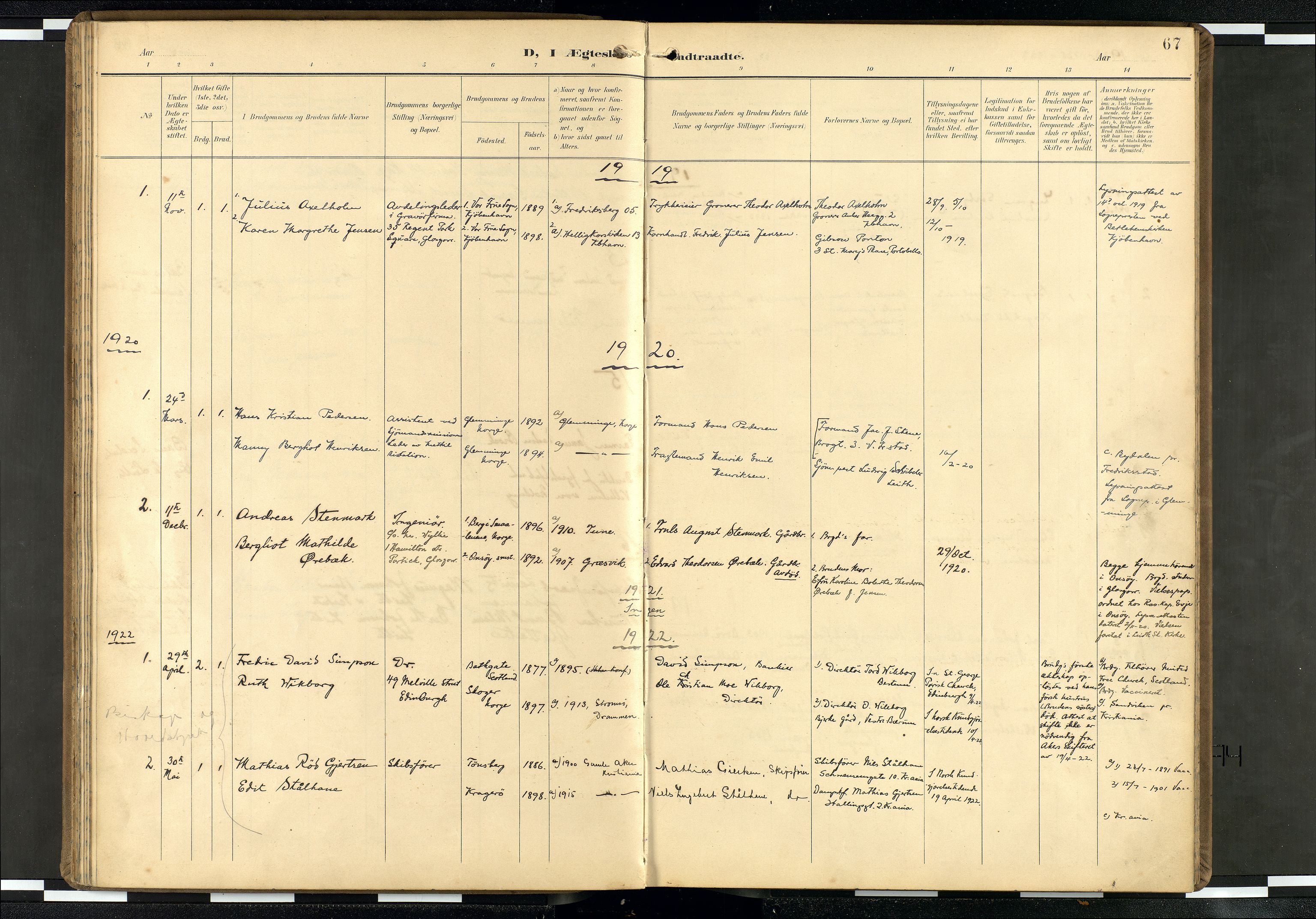 Den norske sjømannsmisjon i utlandet/Skotske havner (Leith, Glasgow), SAB/SAB/PA-0100/H/Ha/Haa/L0004: Parish register (official) no. A 4, 1899-1949, p. 66b-67a