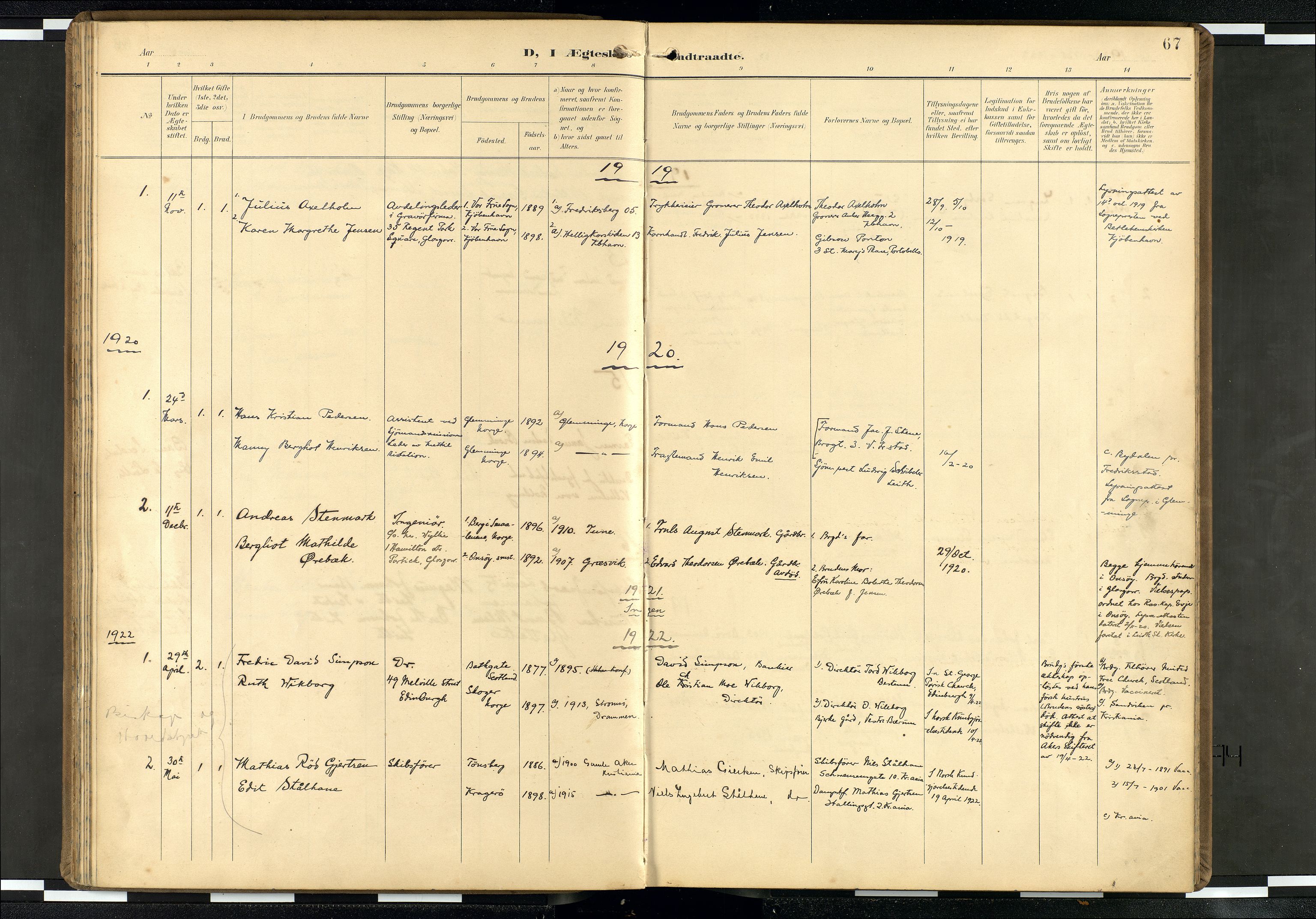 Den norske sjømannsmisjon i utlandet/Skotske havner (Leith, Glasgow), AV/SAB-SAB/PA-0100/H/Ha/Haa/L0004: Parish register (official) no. A 4, 1899-1949, p. 66b-67a