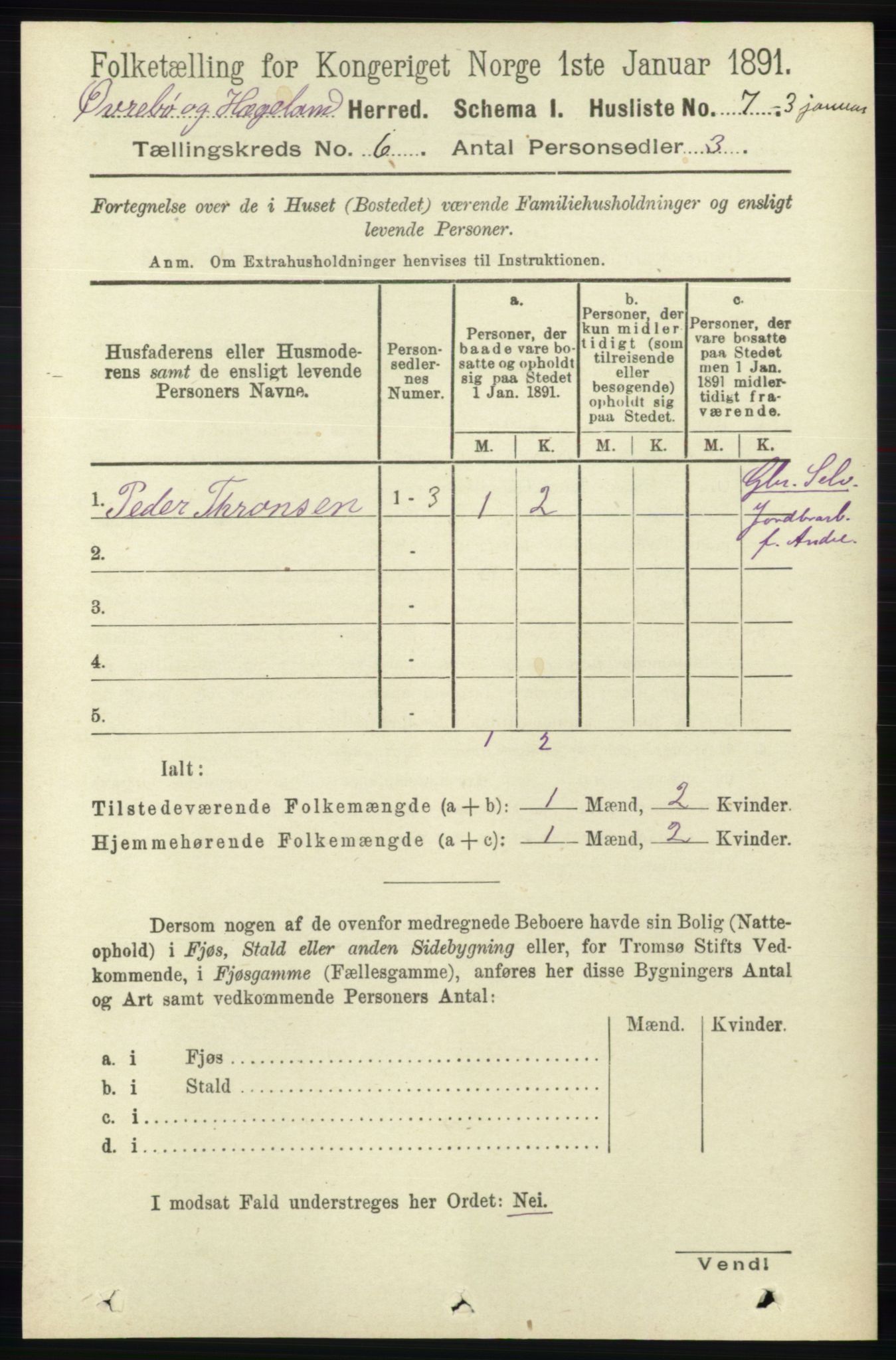 RA, 1891 census for 1016 Øvrebø og Hægeland, 1891, p. 1153