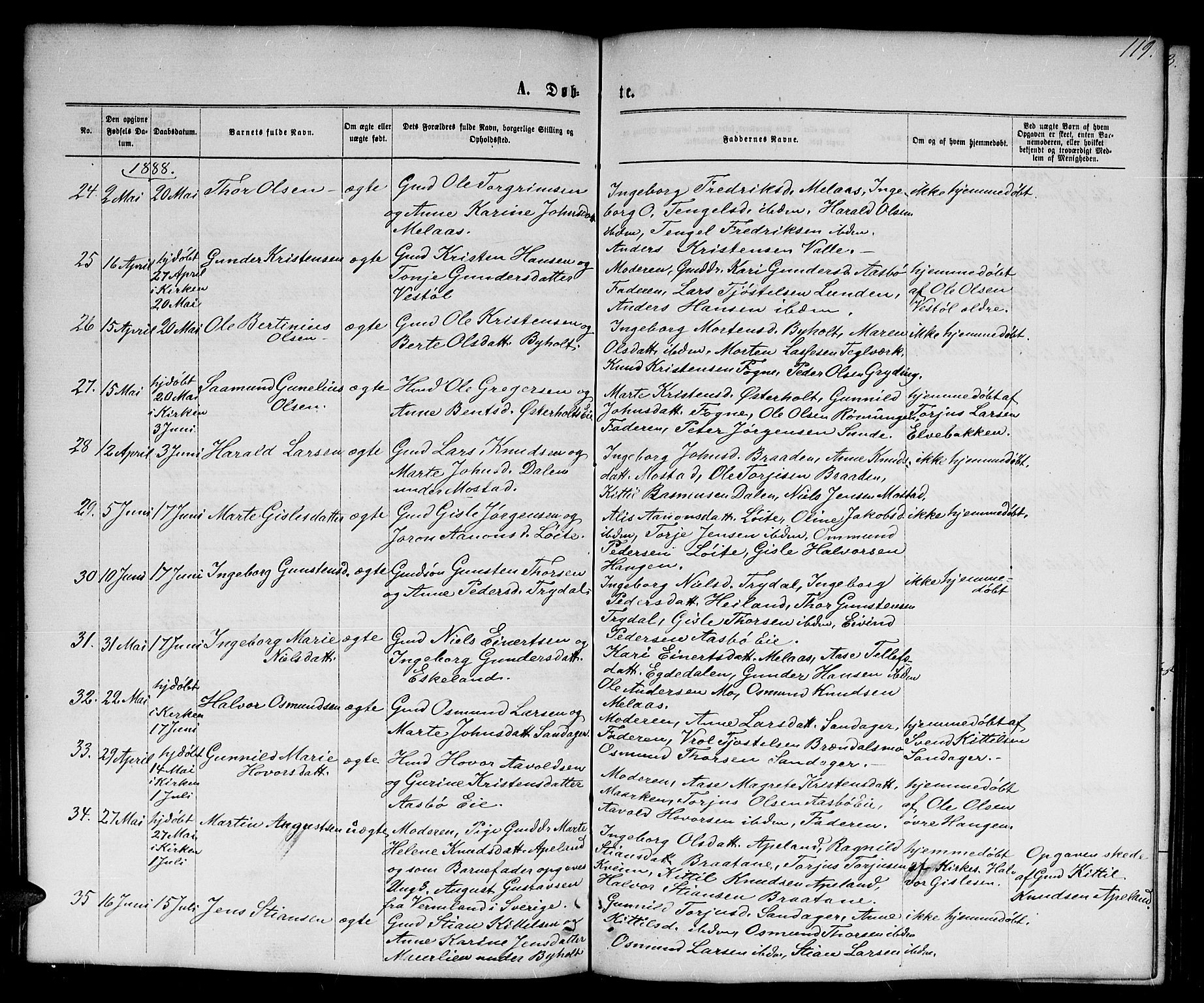 Gjerstad sokneprestkontor, AV/SAK-1111-0014/F/Fb/Fba/L0006: Parish register (copy) no. B 6, 1868-1890, p. 119