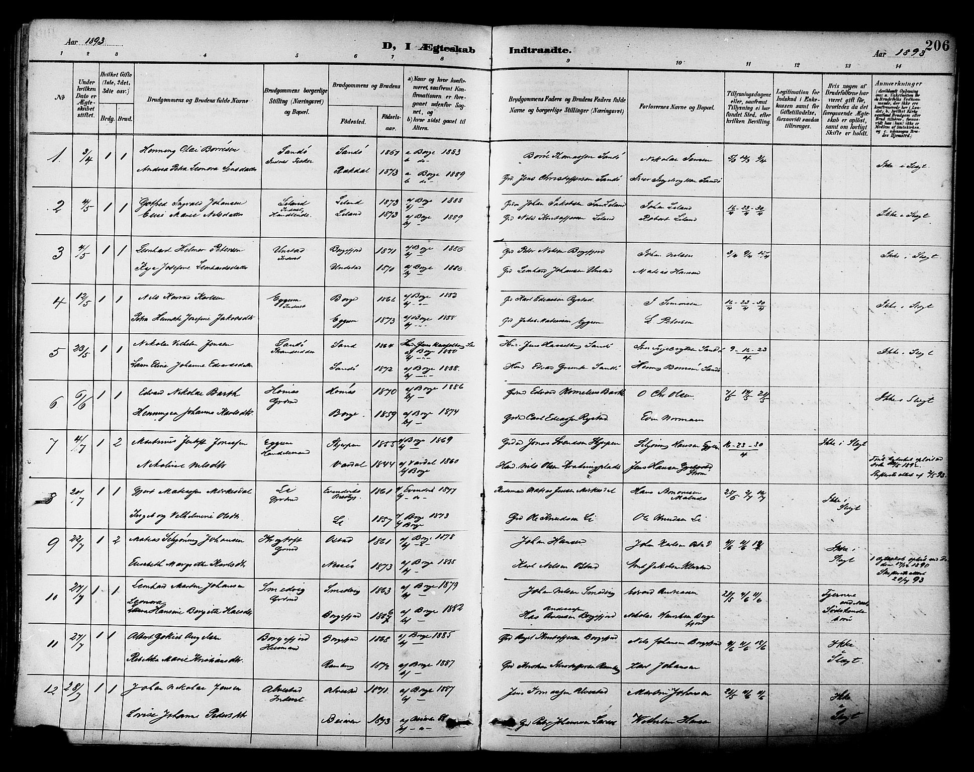 Ministerialprotokoller, klokkerbøker og fødselsregistre - Nordland, SAT/A-1459/880/L1133: Parish register (official) no. 880A07, 1888-1898, p. 206