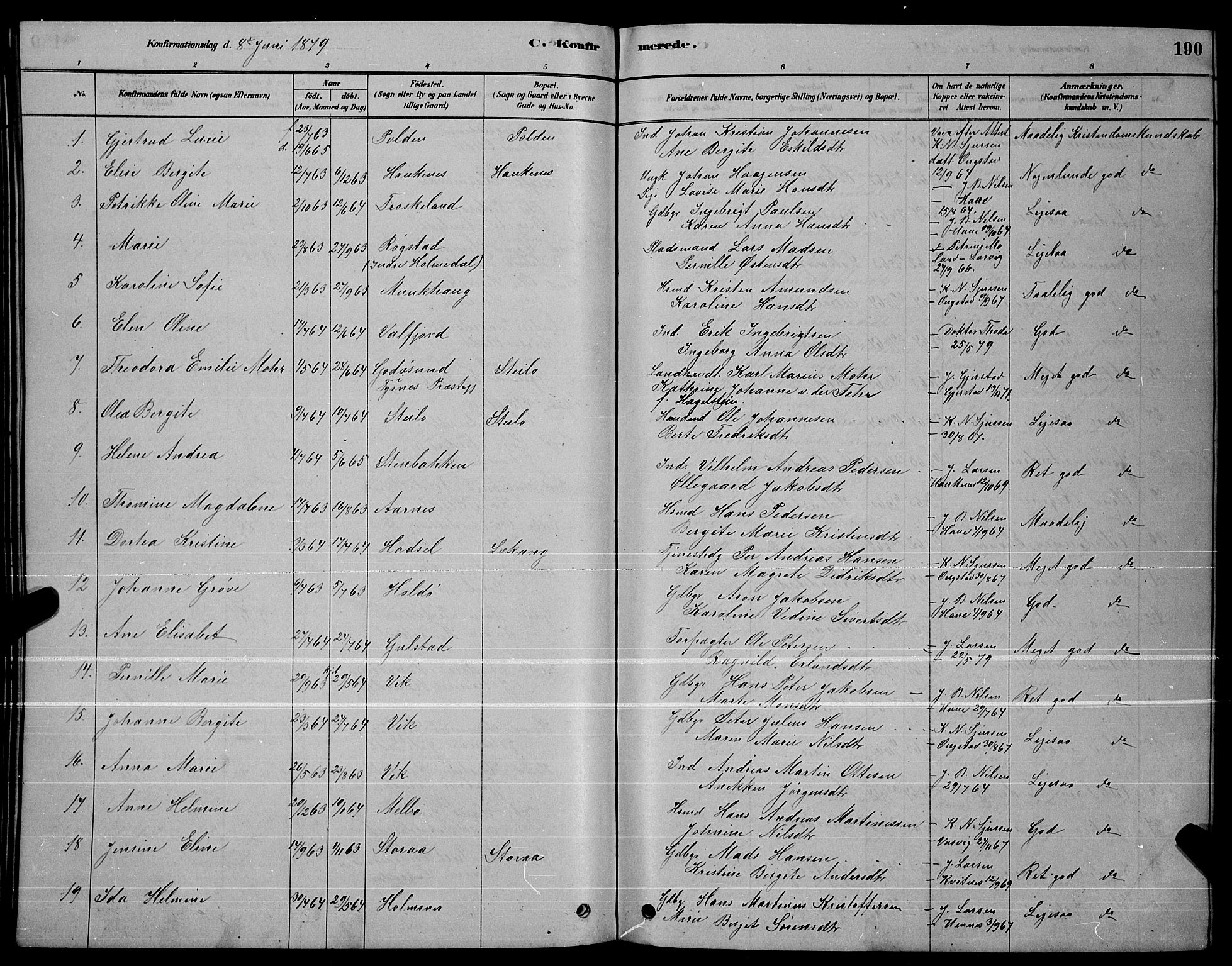 Ministerialprotokoller, klokkerbøker og fødselsregistre - Nordland, AV/SAT-A-1459/888/L1267: Parish register (copy) no. 888C05, 1878-1890, p. 190