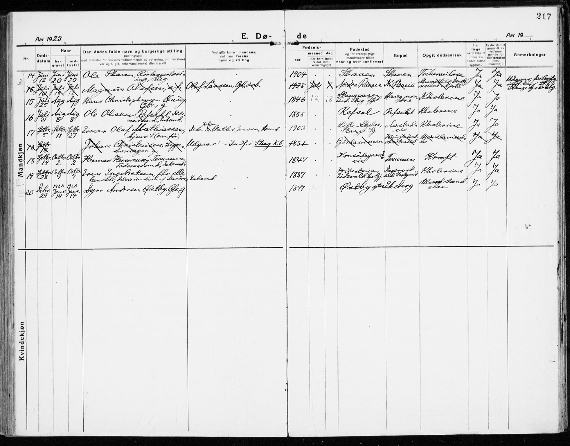 Stange prestekontor, AV/SAH-PREST-002/K/L0025: Parish register (official) no. 25, 1921-1945, p. 217