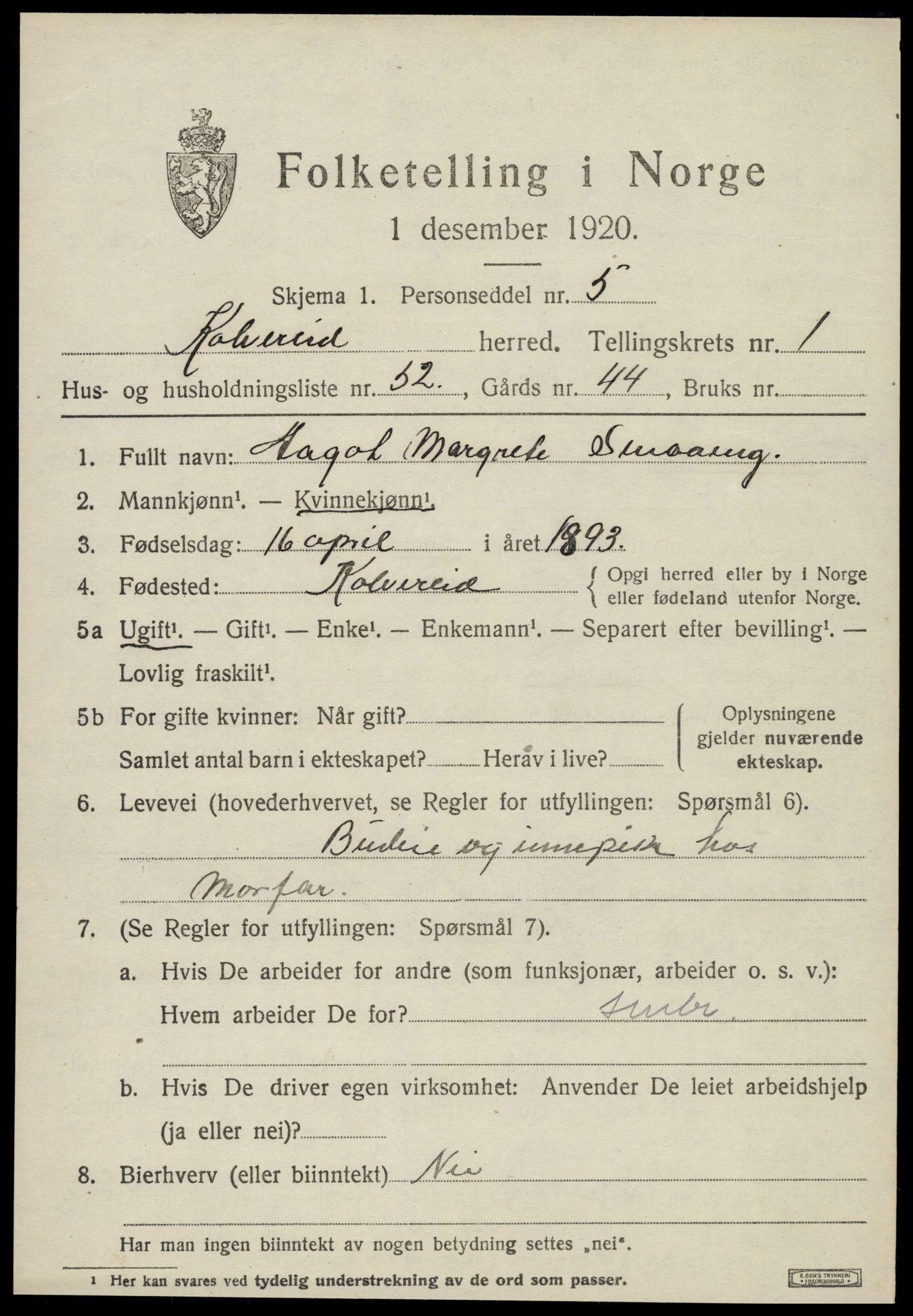 SAT, 1920 census for Kolvereid, 1920, p. 1495