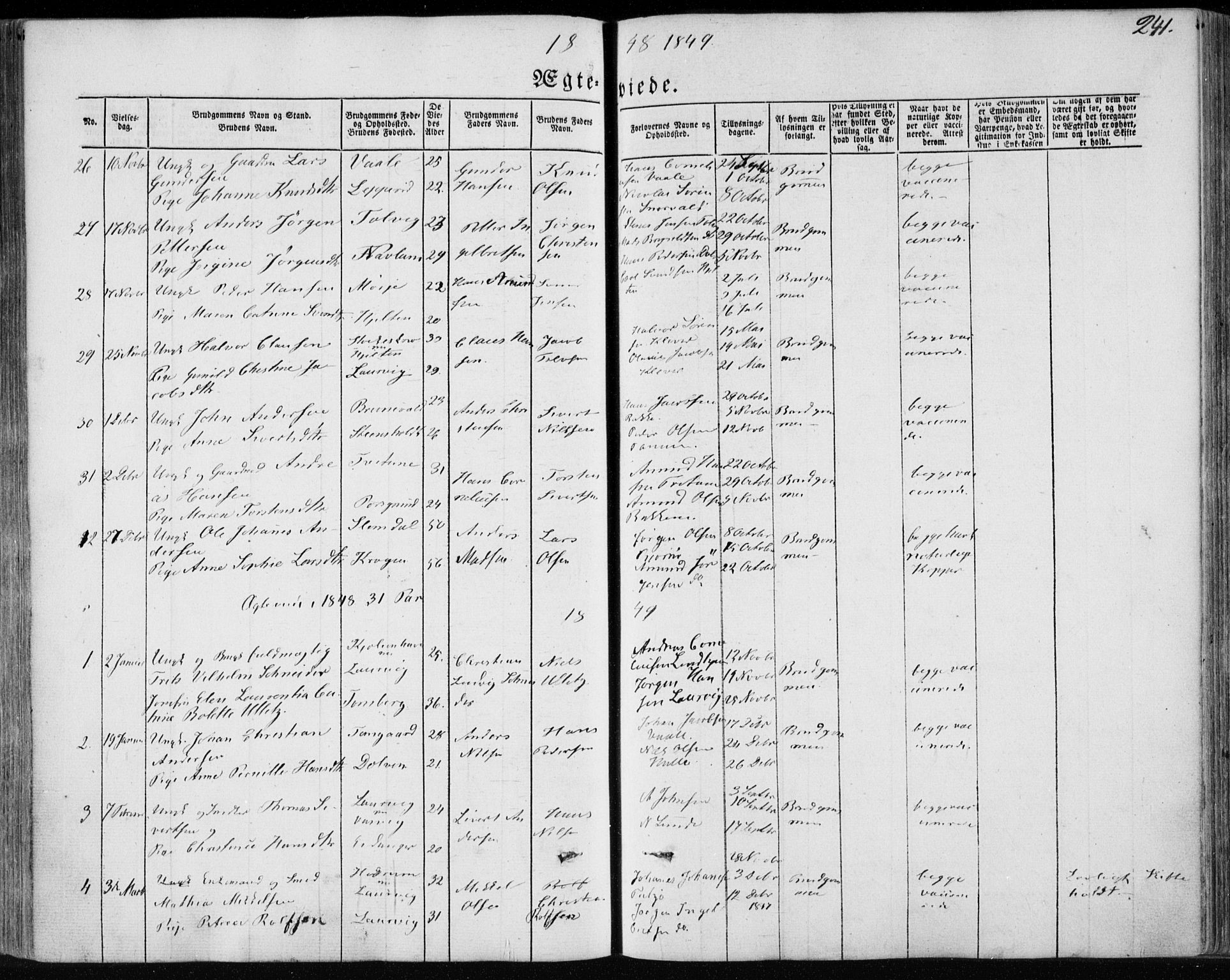 Brunlanes kirkebøker, SAKO/A-342/F/Fa/L0004: Parish register (official) no. I 4, 1846-1862, p. 241