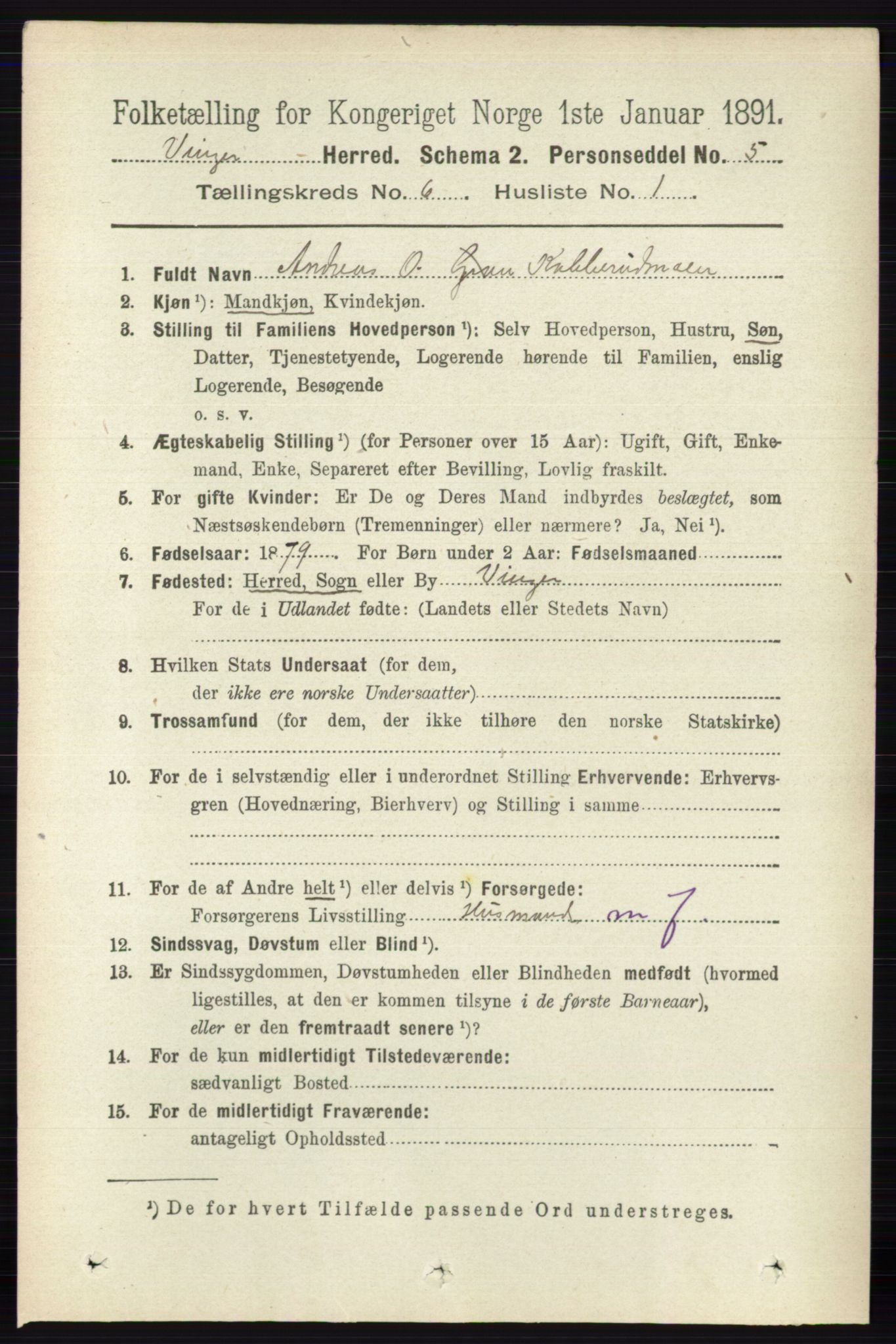 RA, 1891 census for 0421 Vinger, 1891, p. 2616