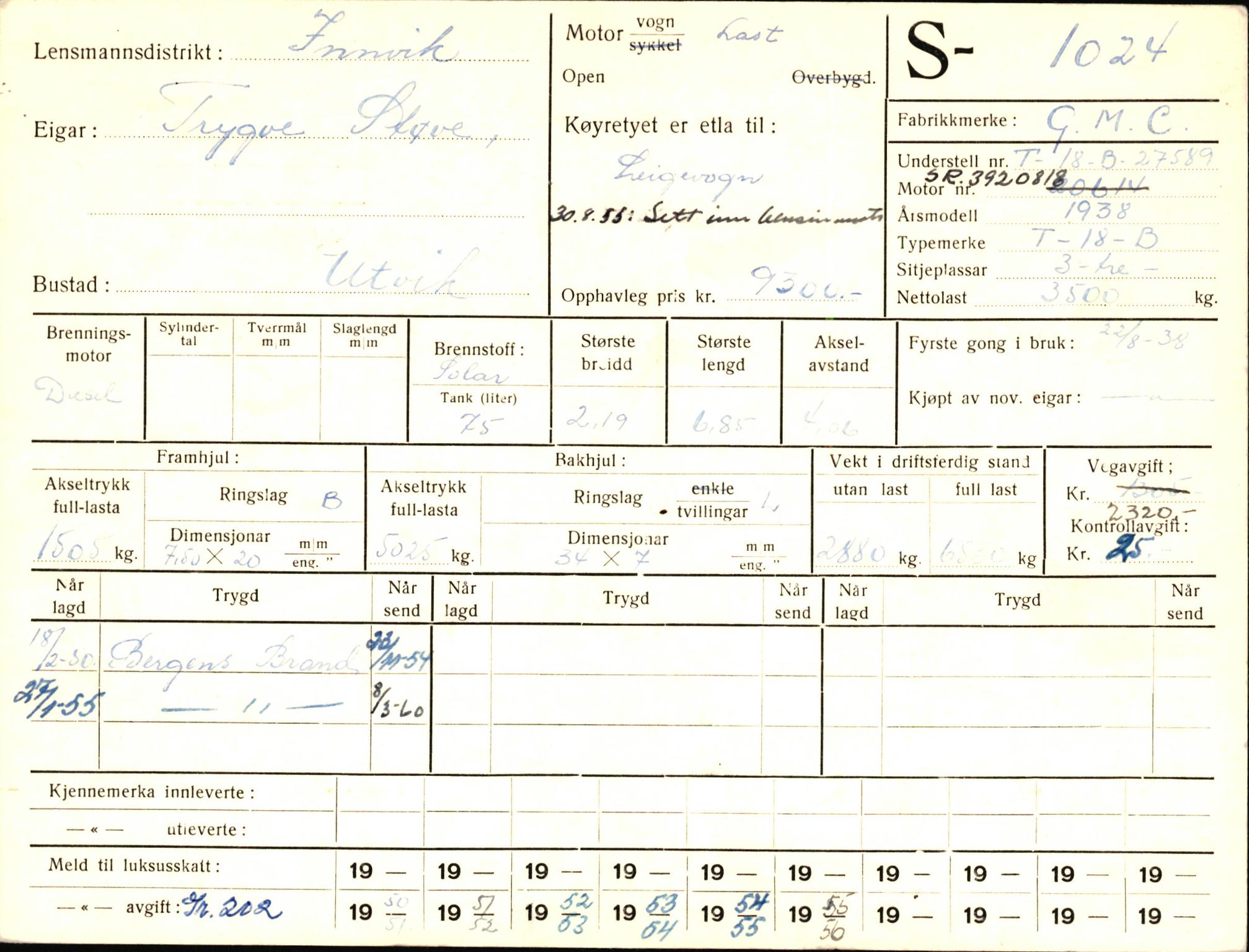 Statens vegvesen, Sogn og Fjordane vegkontor, AV/SAB-A-5301/4/F/L0003: Registerkort utmeldte Fjordane S1000-2499, 1930-1961, p. 42