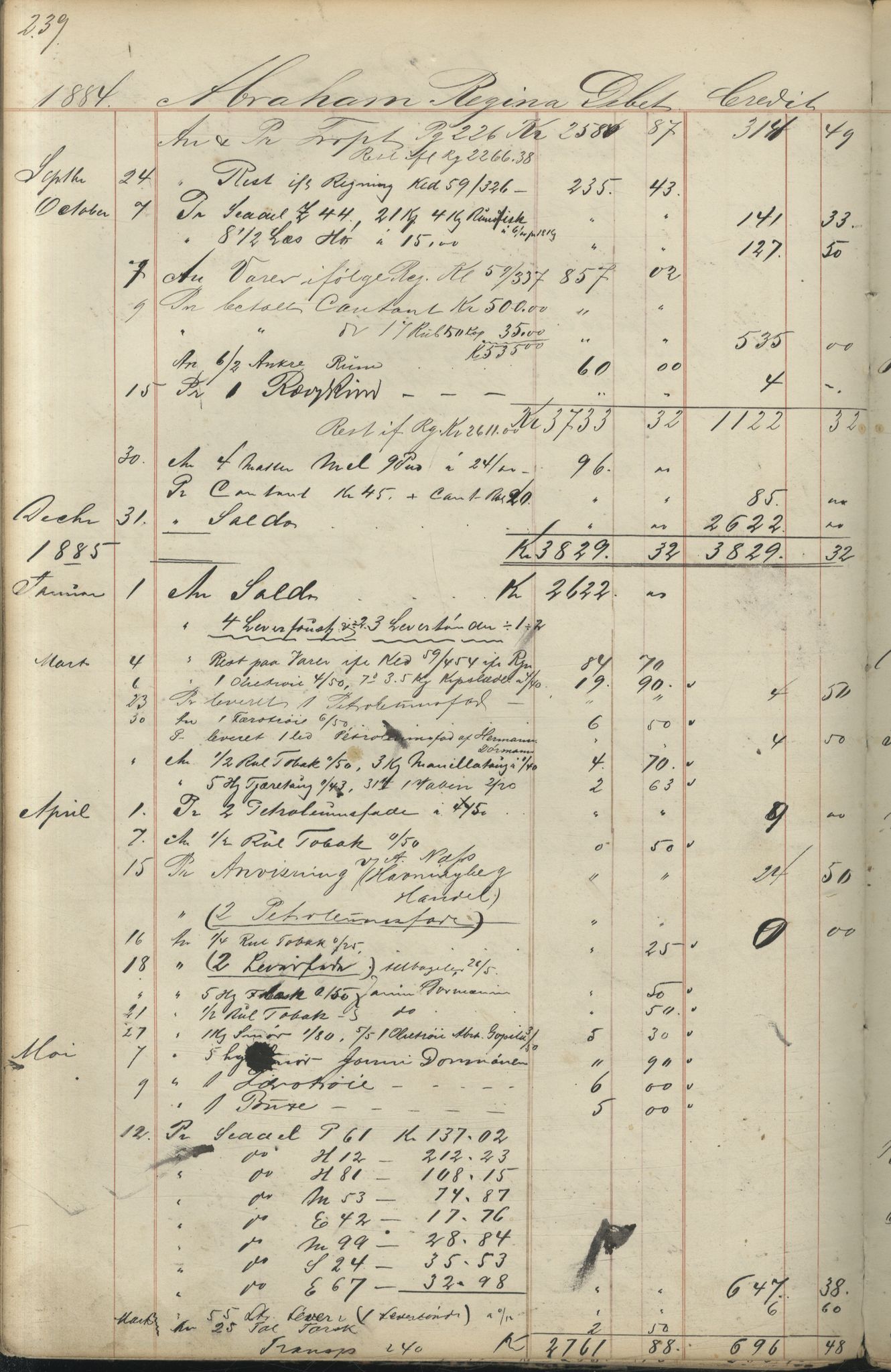 Brodtkorb handel A/S, VAMU/A-0001/F/Fc/L0001/0001: Konto for kvener og nordmenn på Kolahalvøya  / Conto for Kvæner og Nordmænd paa Russefinmarken No 1, 1868-1894, p. 239