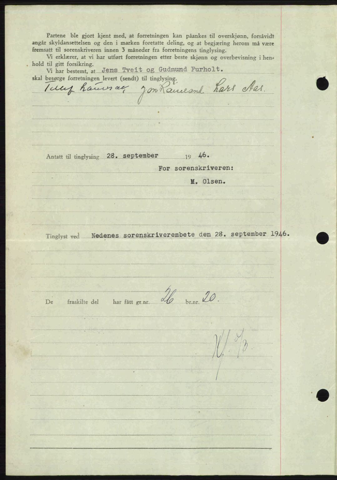 Nedenes sorenskriveri, AV/SAK-1221-0006/G/Gb/Gba/L0056: Mortgage book no. A8, 1946-1947, Diary no: : 1194/1946