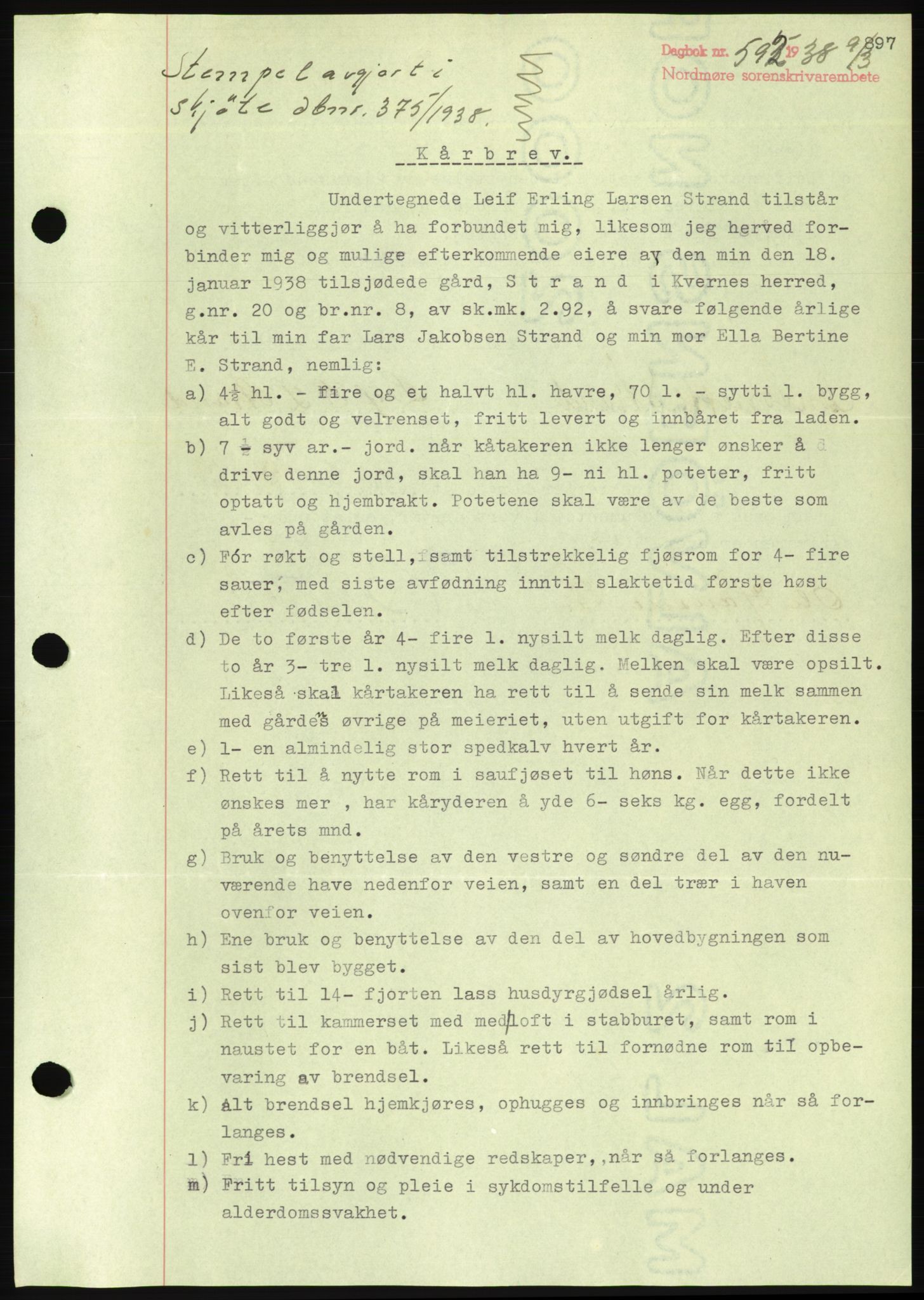 Nordmøre sorenskriveri, AV/SAT-A-4132/1/2/2Ca/L0092: Mortgage book no. B82, 1937-1938, Diary no: : 592/1938