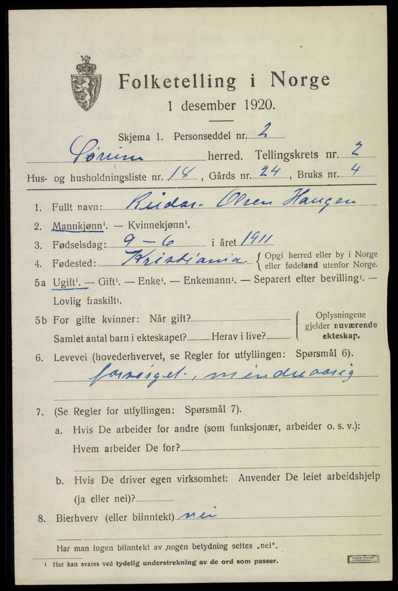 SAO, 1920 census for Sørum, 1920, p. 1895