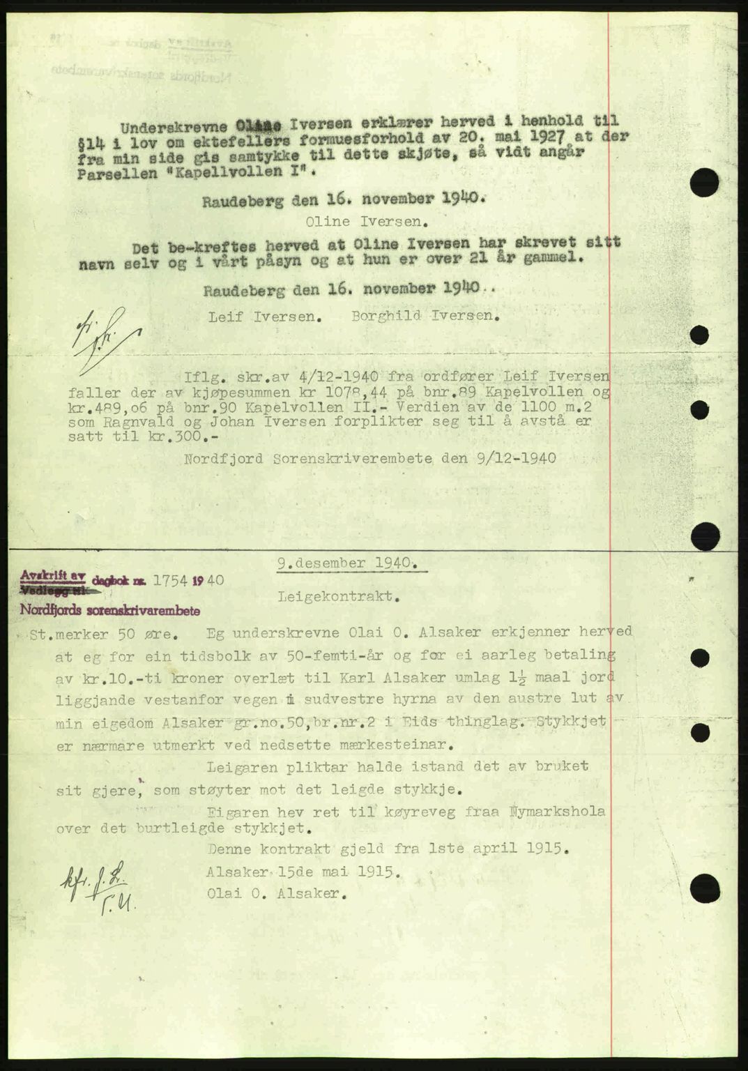 Nordfjord sorenskriveri, AV/SAB-A-2801/02/02b/02bj/L0006: Mortgage book no. A6, 1940-1941, Diary no: : 1747/1940