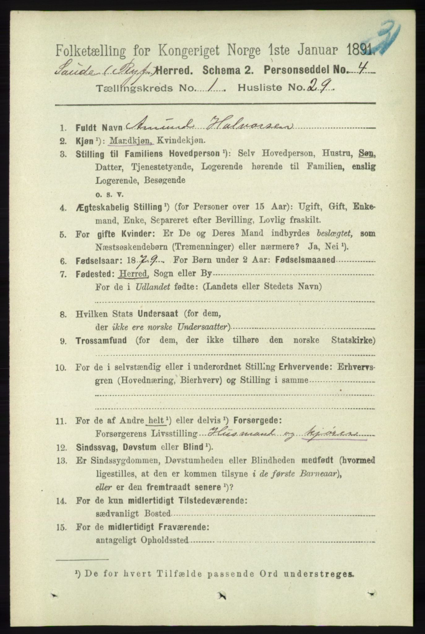 RA, 1891 census for 1135 Sauda, 1891, p. 235