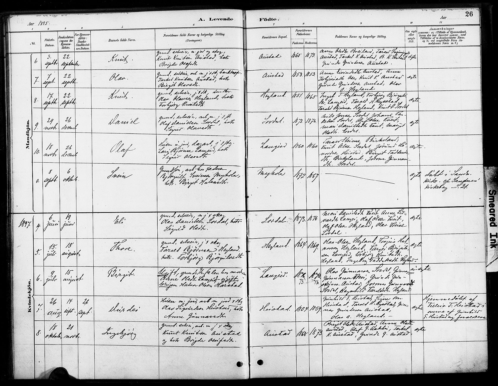 Bygland sokneprestkontor, AV/SAK-1111-0006/F/Fa/Faa/L0001: Parish register (official) no. A 1, 1885-1908, p. 26