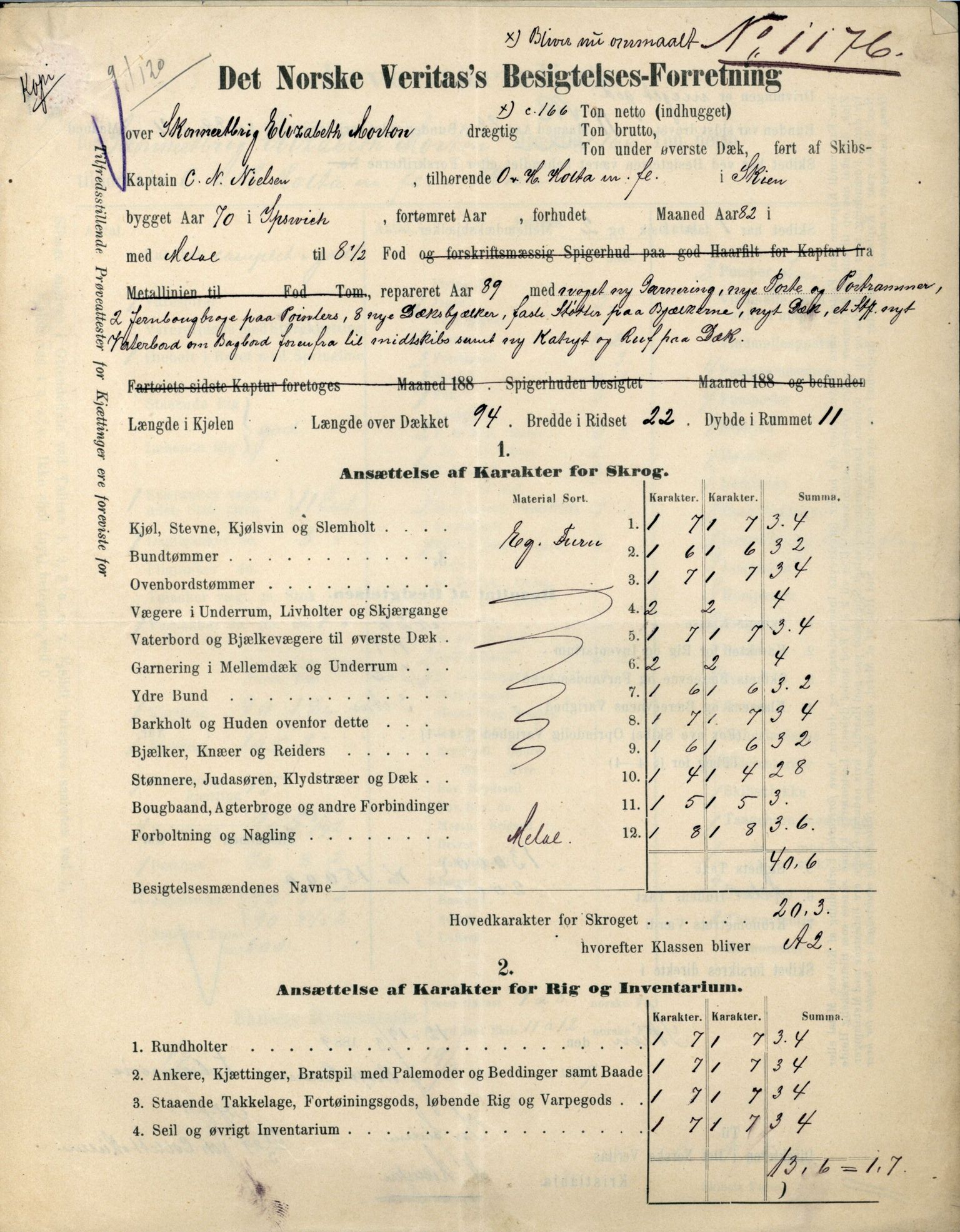 Pa 63 - Østlandske skibsassuranceforening, VEMU/A-1079/G/Ga/L0026/0002: Havaridokumenter / Dovre, Dictator, Ella, Elizabeth Morton, 1890, p. 265