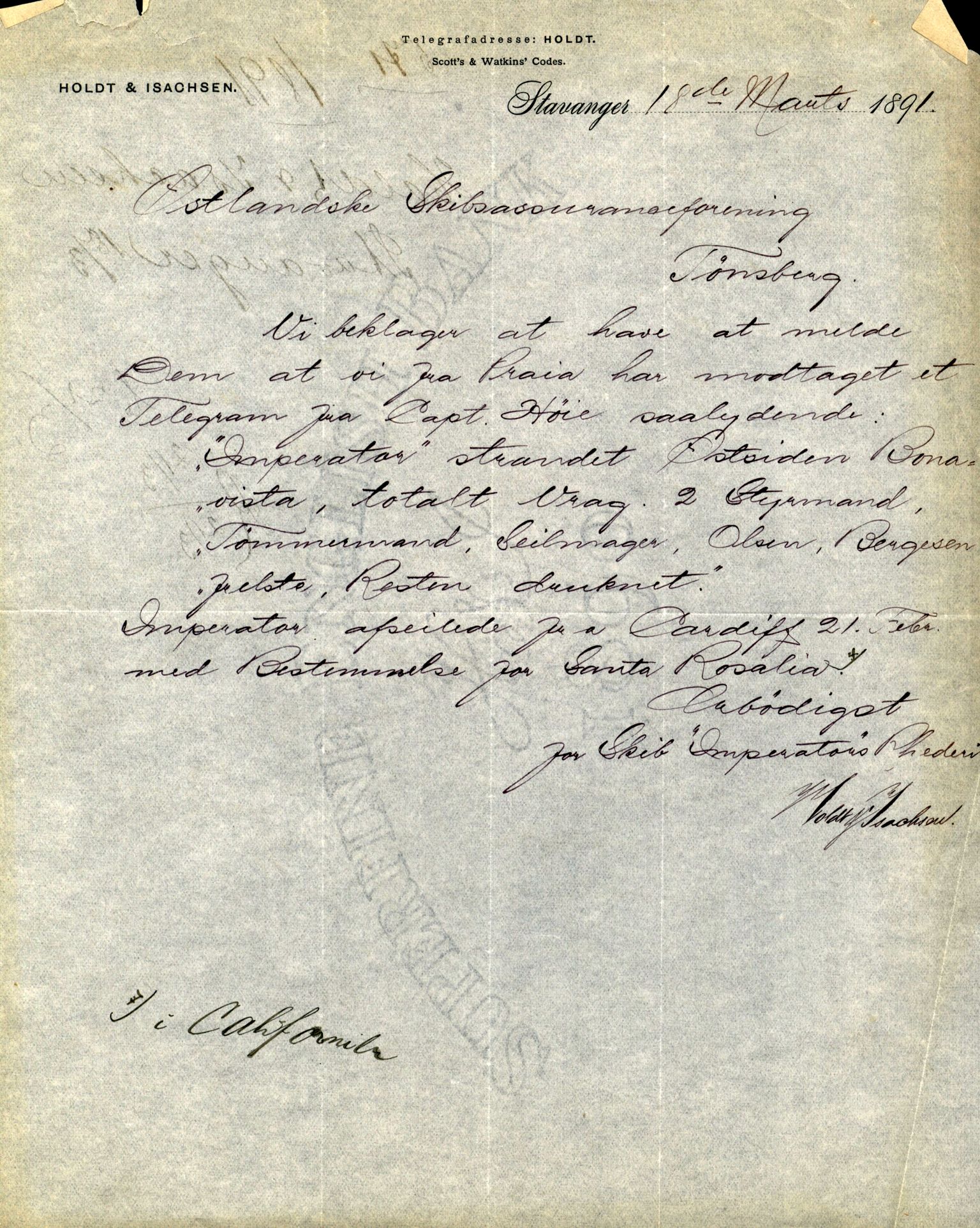 Pa 63 - Østlandske skibsassuranceforening, VEMU/A-1079/G/Ga/L0027/0011: Havaridokumenter / Louise, Lucie, Falcon, Ingeborg av Laurvig, Imperator, 1891, p. 47