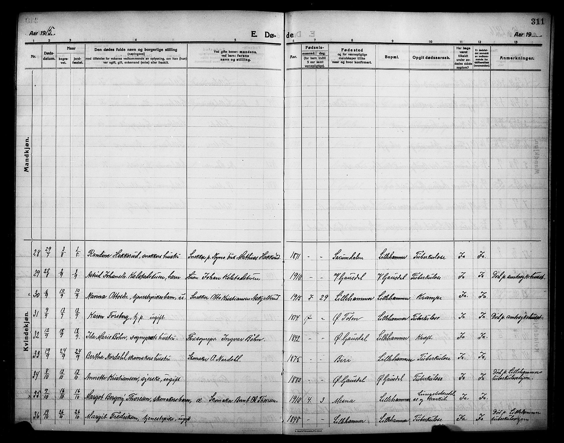 Lillehammer prestekontor, AV/SAH-PREST-088/H/Ha/Hab/L0002: Parish register (copy) no. 2, 1913-1929, p. 311