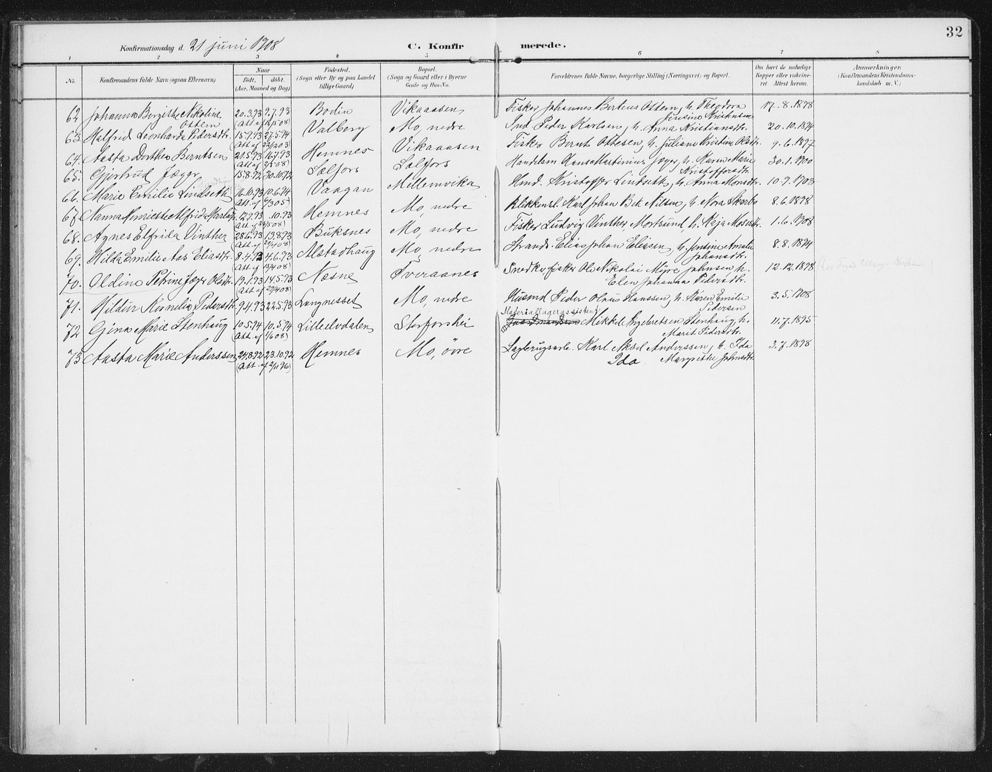 Ministerialprotokoller, klokkerbøker og fødselsregistre - Nordland, AV/SAT-A-1459/827/L0403: Parish register (official) no. 827A15, 1903-1912, p. 32